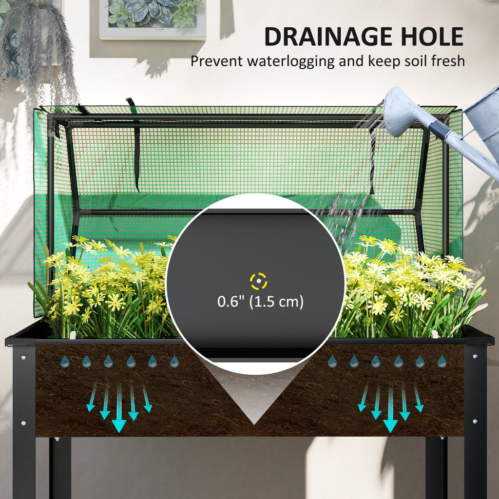 Raised Garden Bed Planter with PE Greenhouse Cover, Elevated Garden Bed Box with Drainage Hole for Flowers, Black