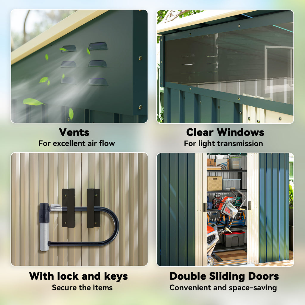 6.5x4FT Galvanised Metal Shed with Foundation Kit, Lockable Garden Tool Storage House with Sliding Doors, Vents, Green