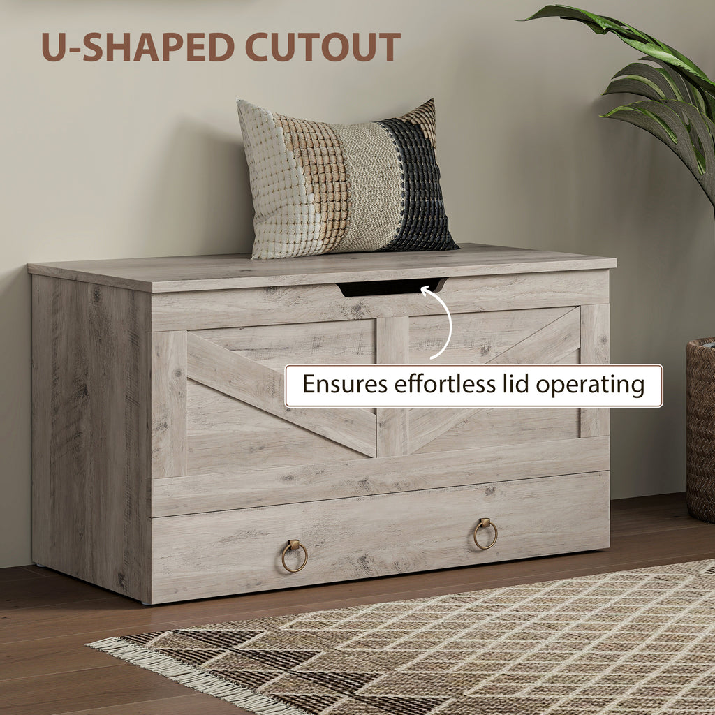 31.5 Inches Storage Chest, Storage Trunk with 2 Safety Hinges for Living Room, Grey Wood Grain