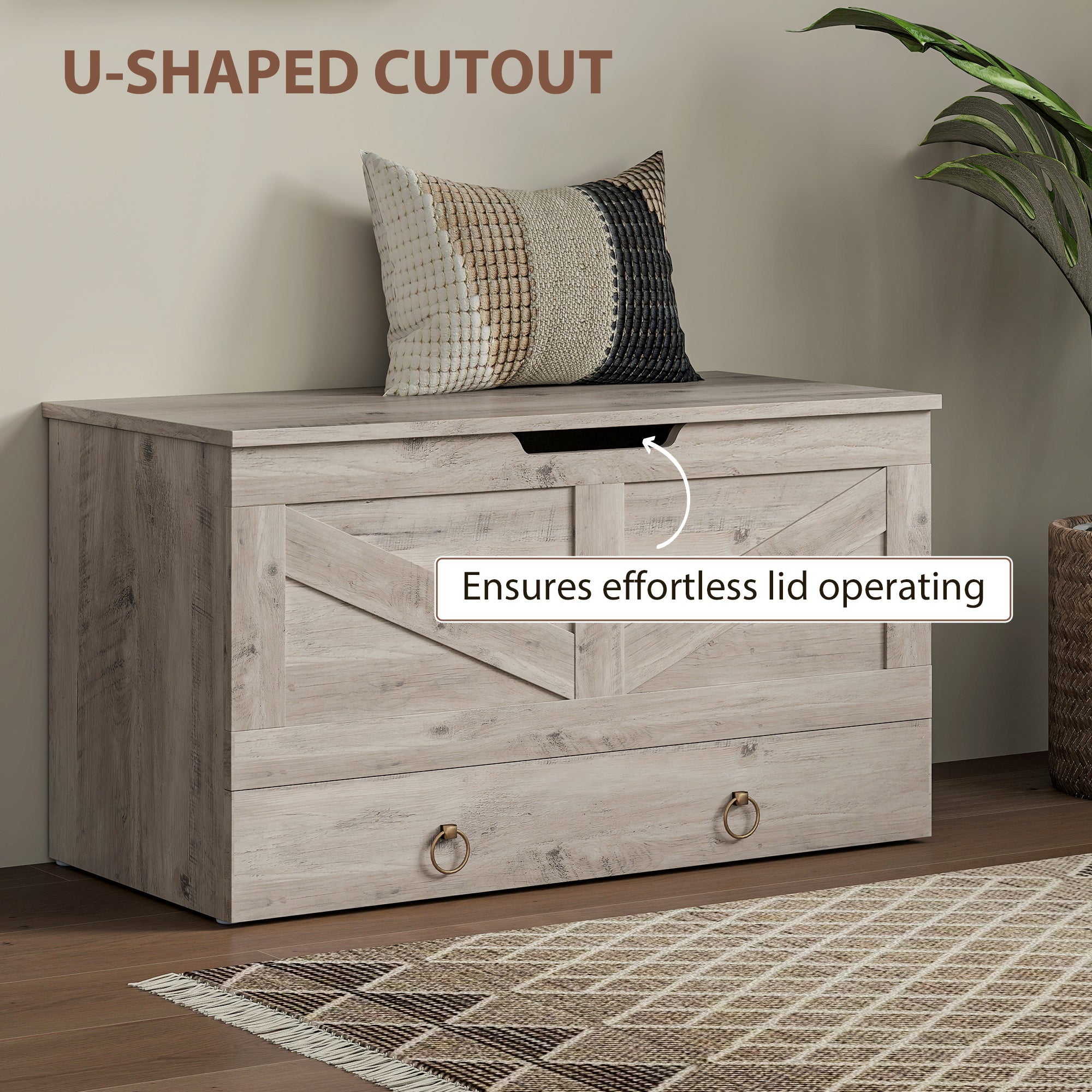 31.5 Inches Storage Chest, Storage Trunk with 2 Safety Hinges for Living Room, Grey Wood Grain