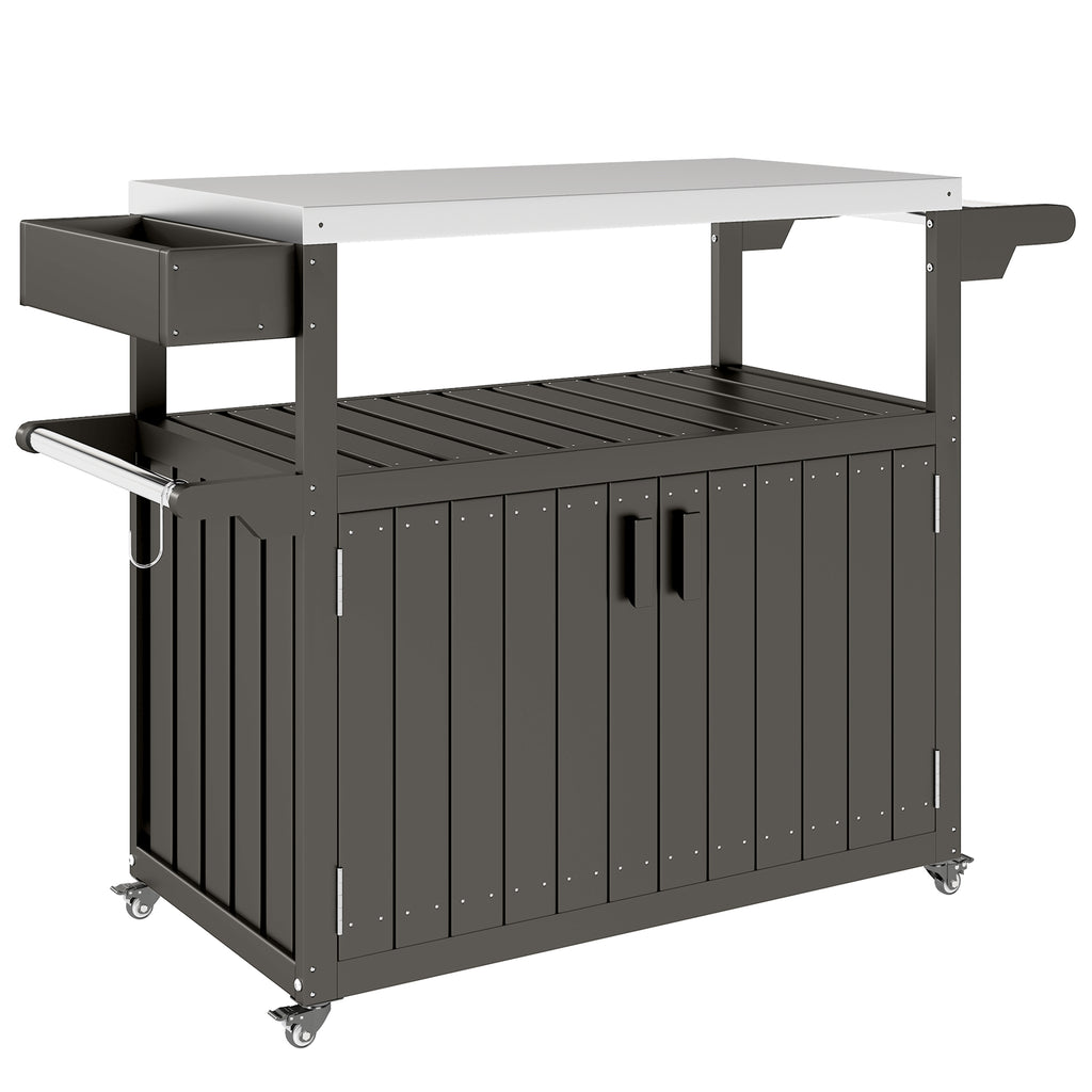 Outdoor Bar Cart with Storage Cabinet, Stainless Steel Outdoor Bar Table Top, Wheeled HDPE Kitchen Island for Food Prep