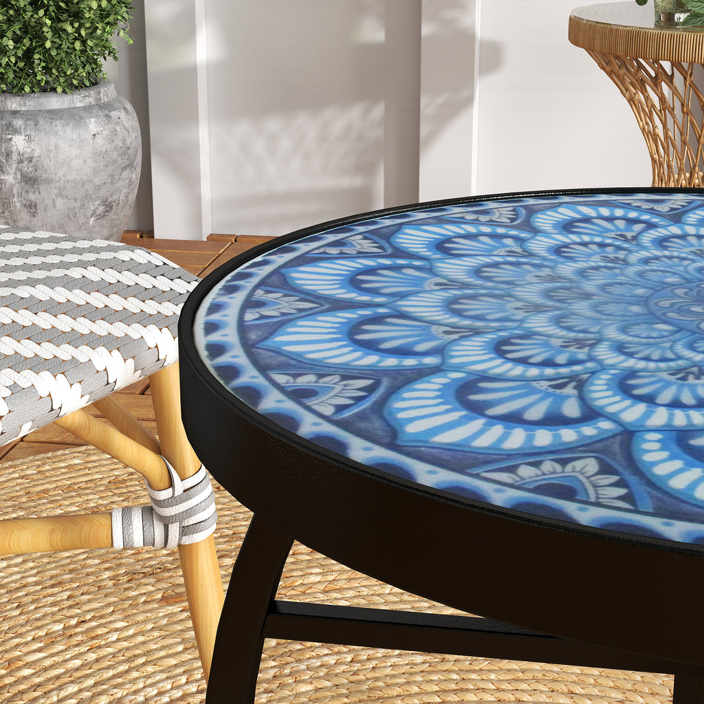 Round Outdoor Table, Patio Bistro Coffee Table with Mosaic Top and Steel Frame for Garden