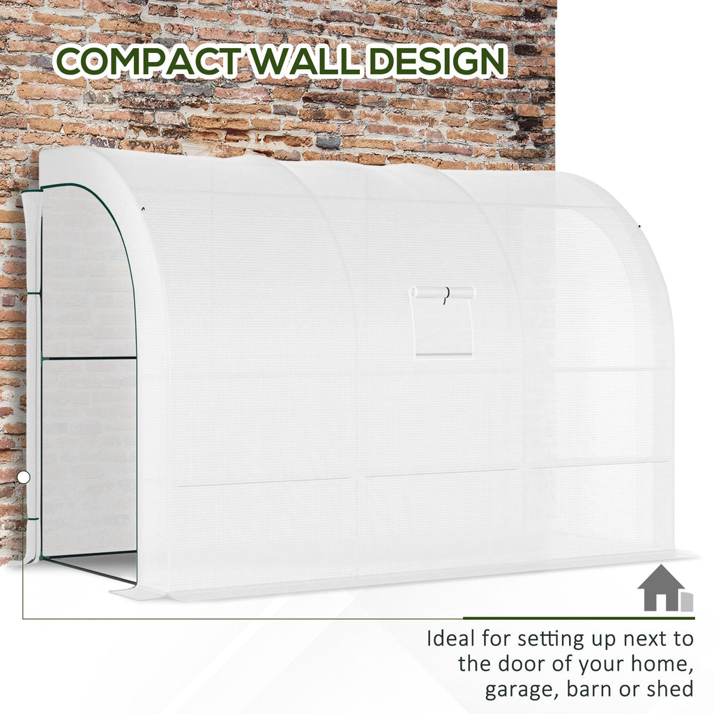 Lean-to Greenhouse Outdoor Gardening Green House with Windows and 2 Zipper Doors, 10' x 5' x 7', White