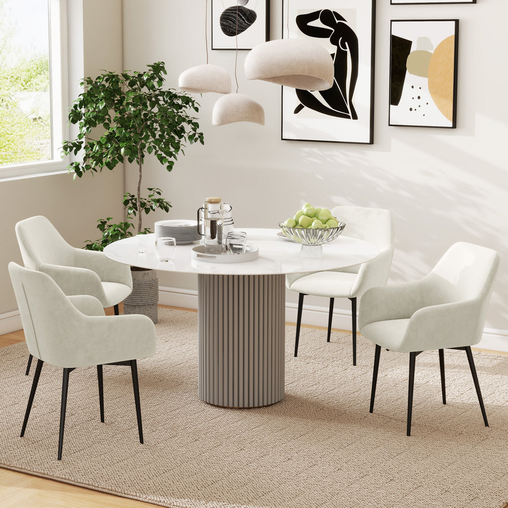 Dining Chairs Set of 2, Velvet-look Fabric Upholstered Kitchen Chairs with Backrest, Armrests and Steel Legs, Cream White