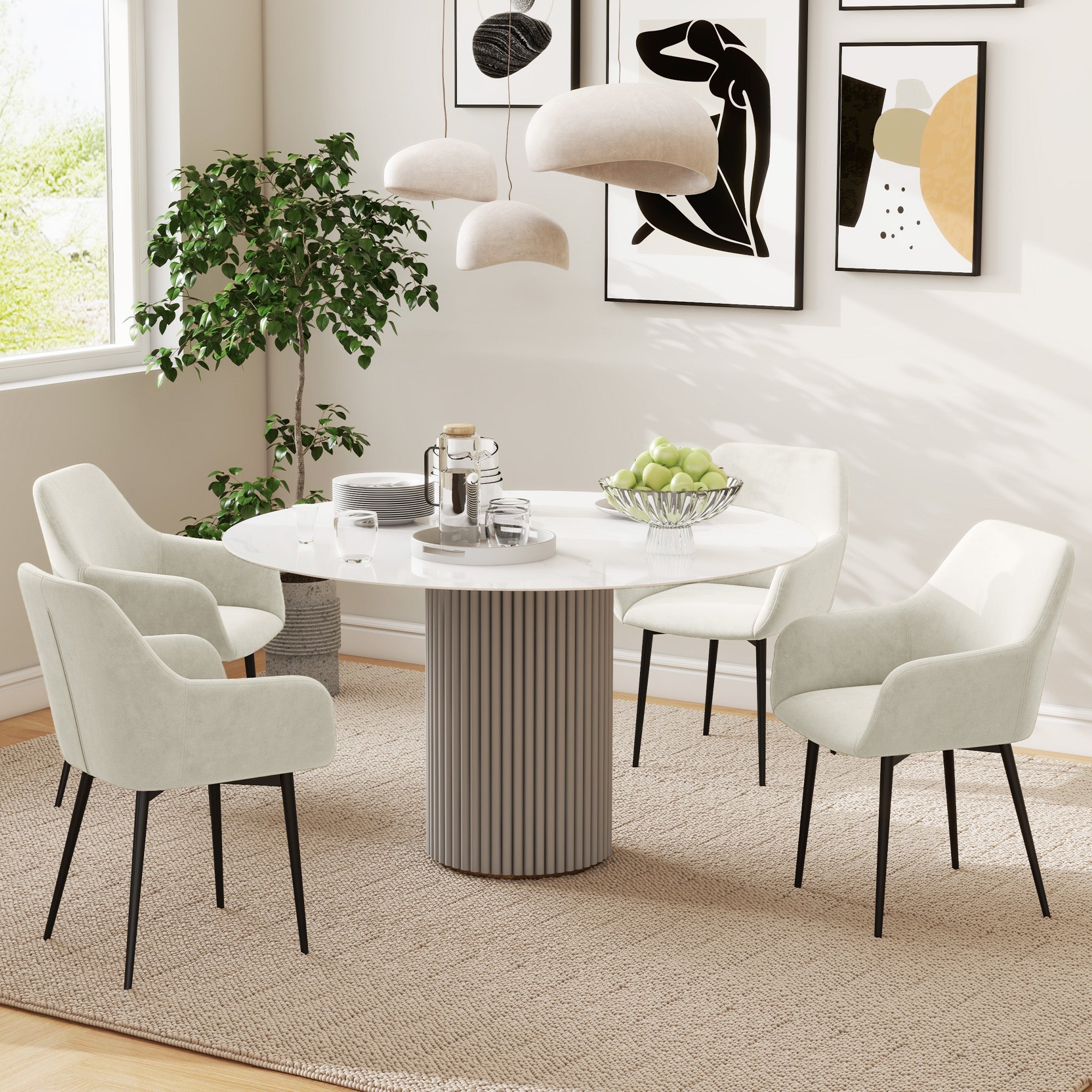 Dining Chairs Set of 2, Velvet-look Fabric Upholstered Kitchen Chairs with Backrest, Armrests and Steel Legs, Cream White