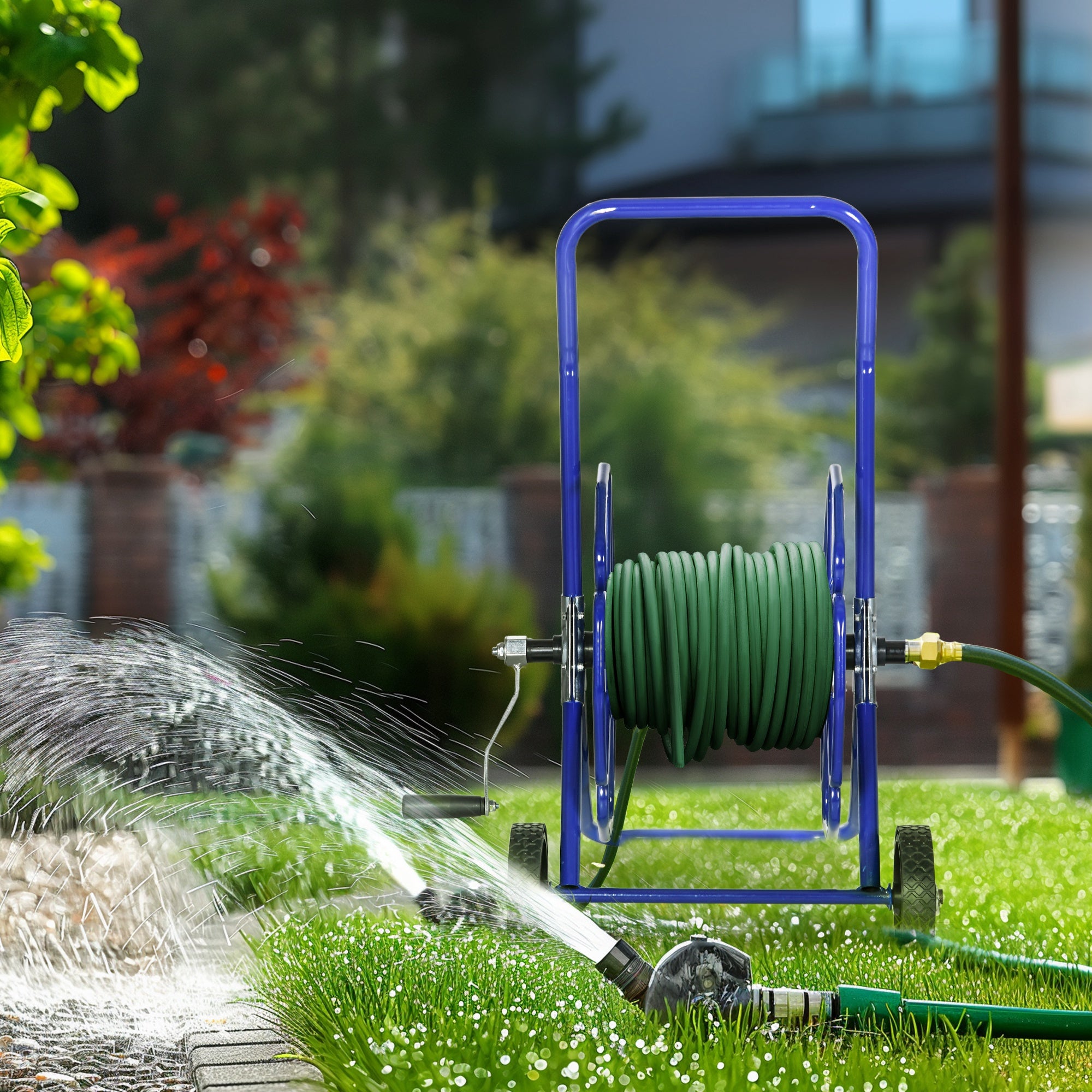 98 ft of 5/8" Hose Reel Cart (Hose Not Included), Garden Water Hose Carts with Wheels for Yard, Lawn, Blue