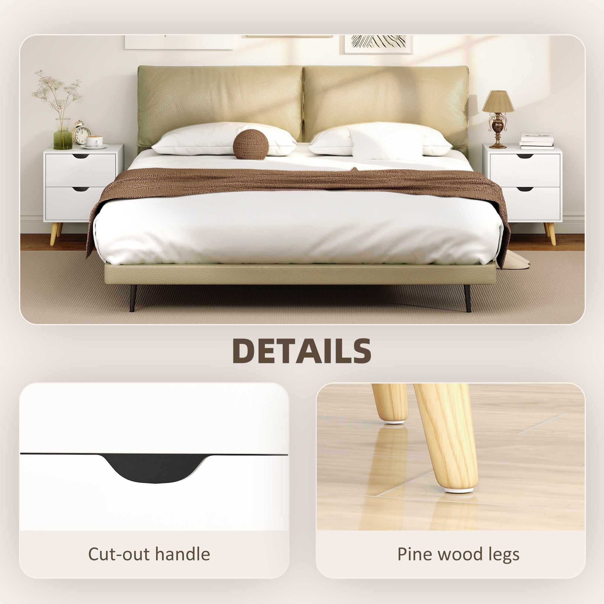 Modern Bedside Table Set of 2, Nightstand with 2 Drawers and Pine Wood Legs for Bedroom, White