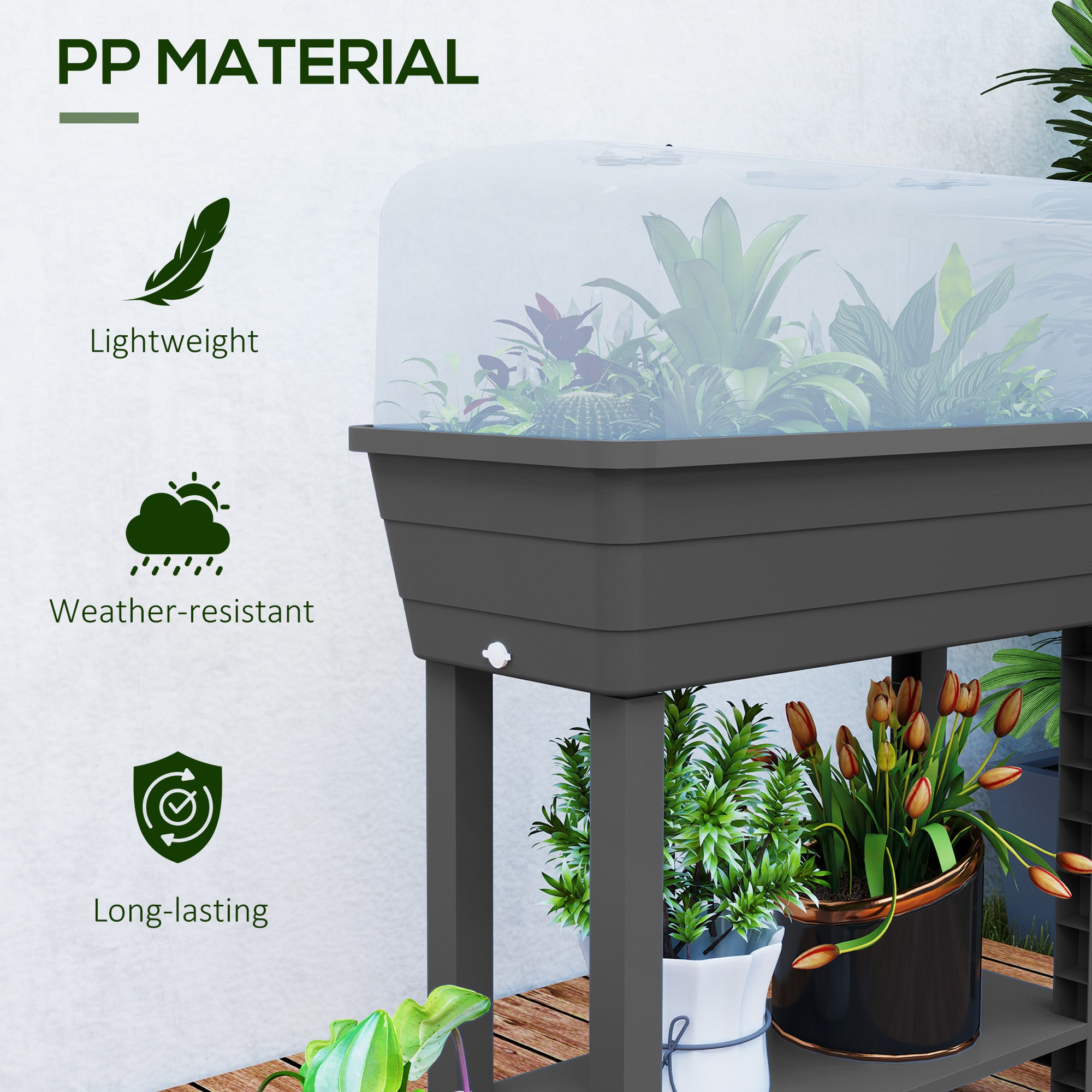 41L Self Watering Raised Garden Bed w/ Ventilation Transparent Lid Greenhouse, Planter Box w/ Storage Shelf, Dark Grey