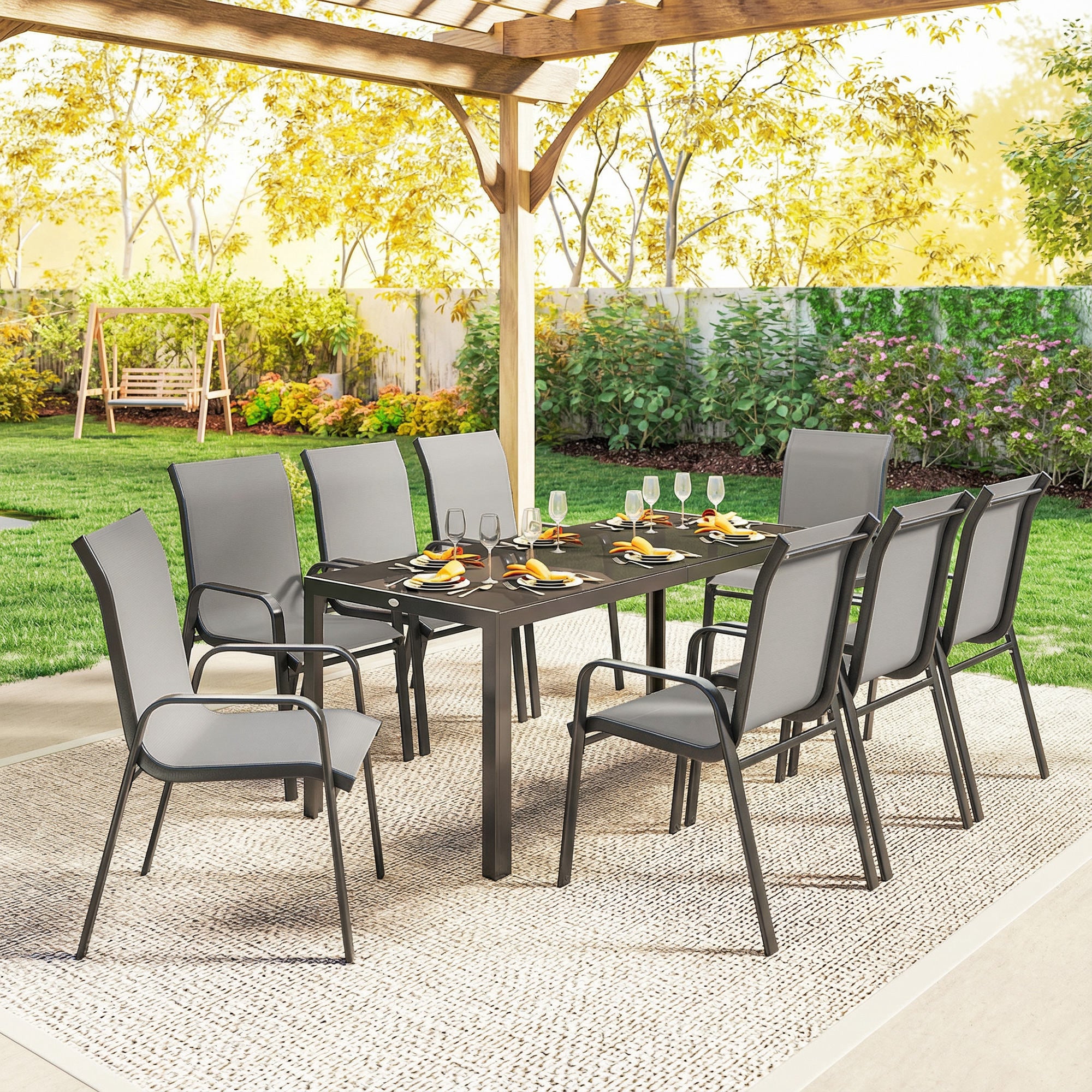 9 Pieces Patio Set with Stackable Chairs, Patio Dining Set with Glass Top for Garden, Patio, Backyard, Light Grey