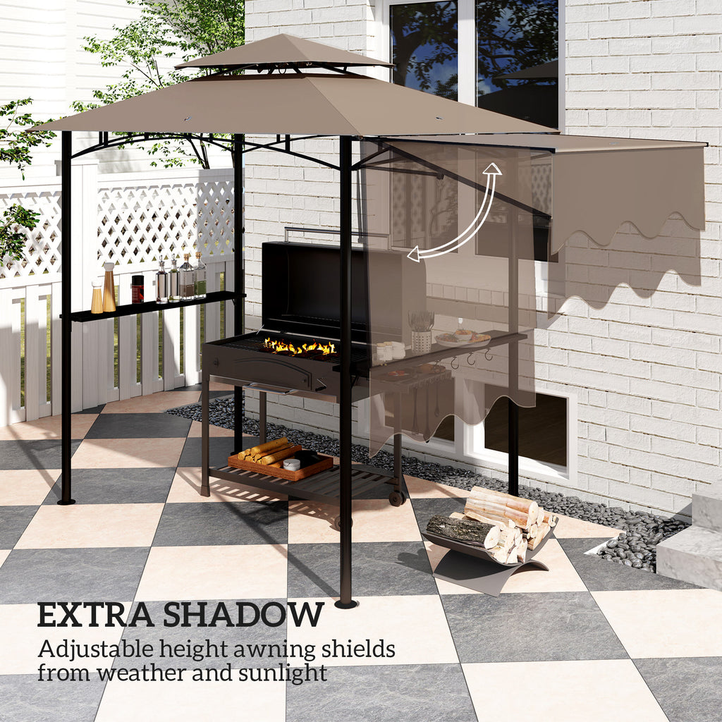 8' x 5' Grill Gazebo, Double Tiered Barbecue Grill Gazebo Shelter with Side Awning, 2 Side Shelves, 6 Hooks, Khaki