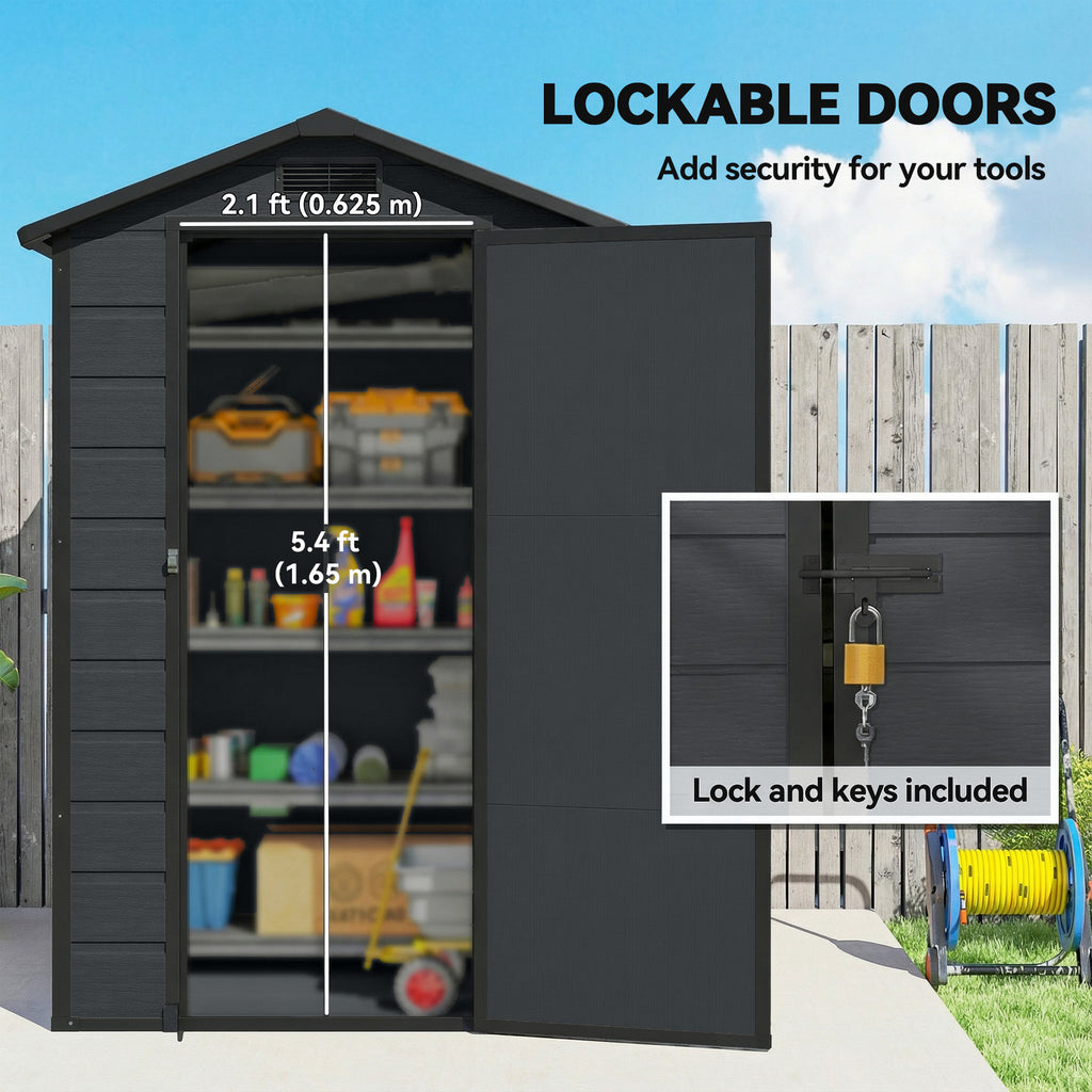 4' x 3' Plastic Garden Shed with Floor, Outdoor Small Shed with Lockable Door, Window and Vent, Dark Grey