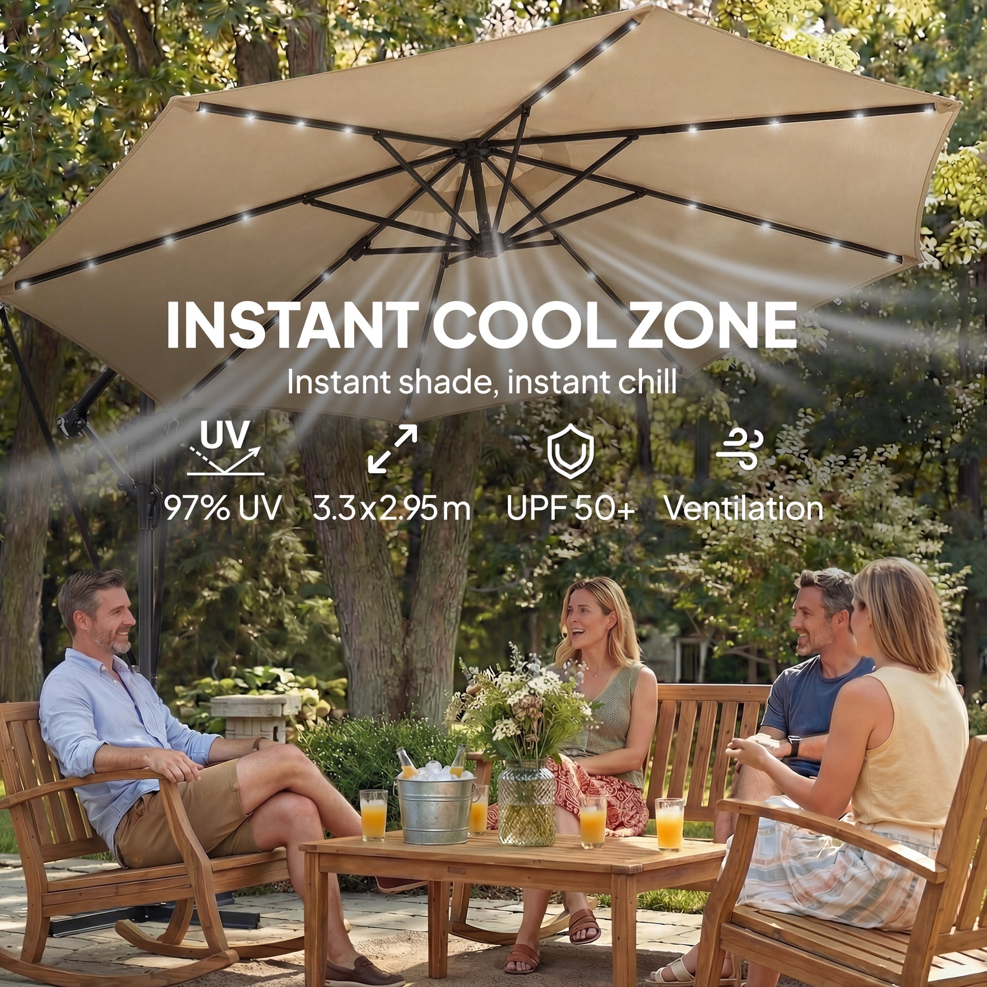 9.7ft Solar LED Cantilever Patio Umbrella with 32 LED Lights, Cross Base, Crank Handle, for Poolside, Deck, Khaki