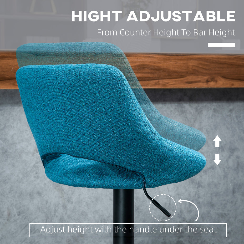 Bar Stools Set of 2, Swivel Counter Height Barstools with Adjustable Height, Linen Upholstered Bar Chairs with Round Metal Base and Footrest, Blue