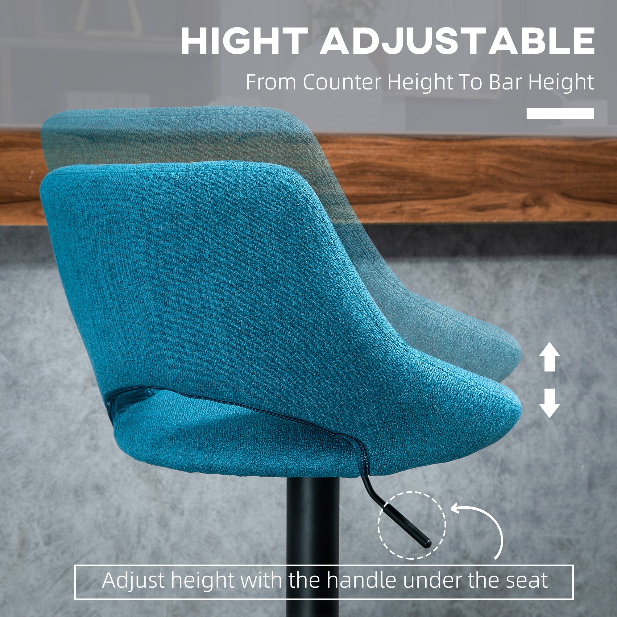 Bar Stools Set of 2, Swivel Counter Height Barstools with Adjustable Height, Linen Upholstered Bar Chairs with Round Metal Base and Footrest, Blue