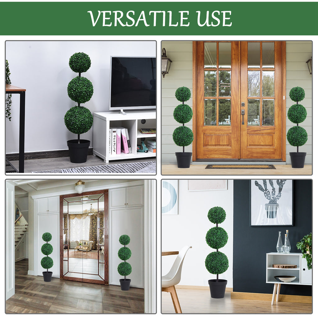 Set of 2 Artificial Ball Boxwood Topiary Trees, 44.1" Fake Plants in Pots for Outdoor Indoor Decor, Dark Green