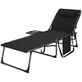 Folding Lounge Chair, Outdoor Chaise Lounge Tanning Chair with Adjustable Back, Side Table, Headrest, Black
