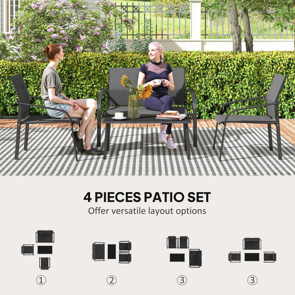 4 Piece Patio Furniture Set, Outdoor Conversation Set with Deep Seat, Loveseats, Armchairs, Glass-Top Table, Black