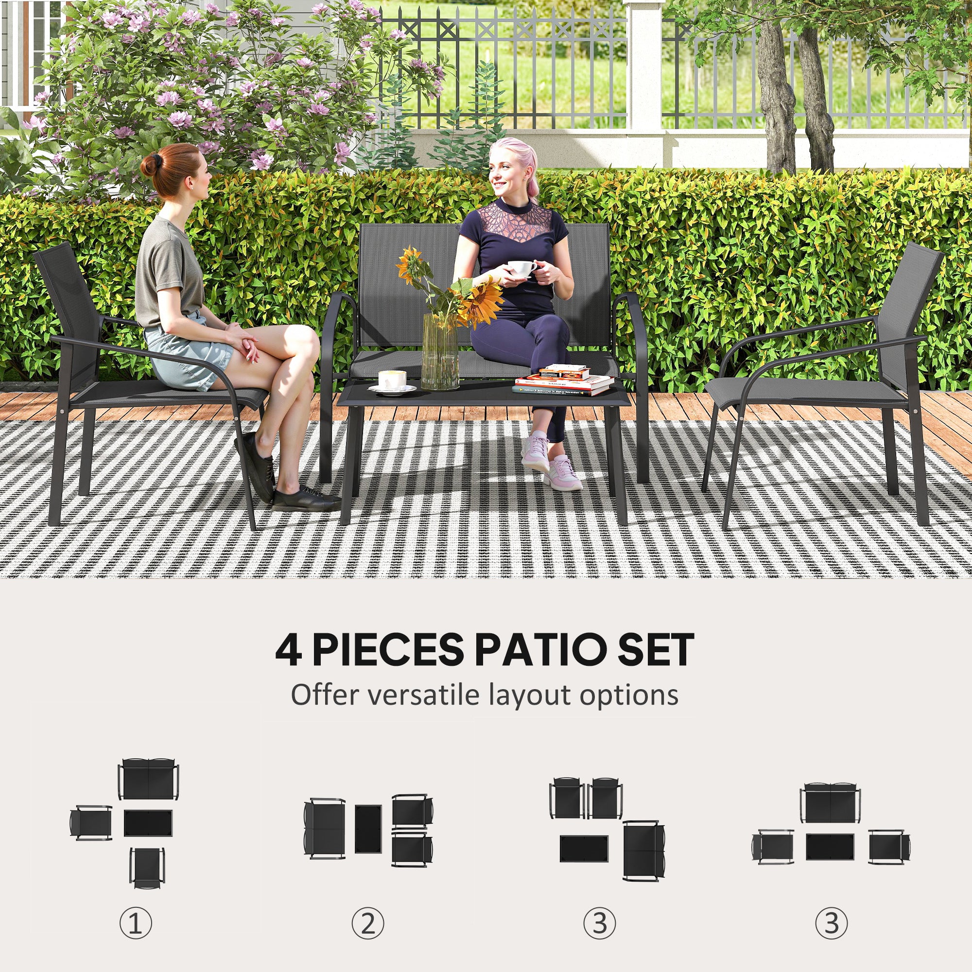 4 Piece Patio Furniture Set, Outdoor Conversation Set with Deep Seat, Loveseats, Armchairs, Glass-Top Table, Black