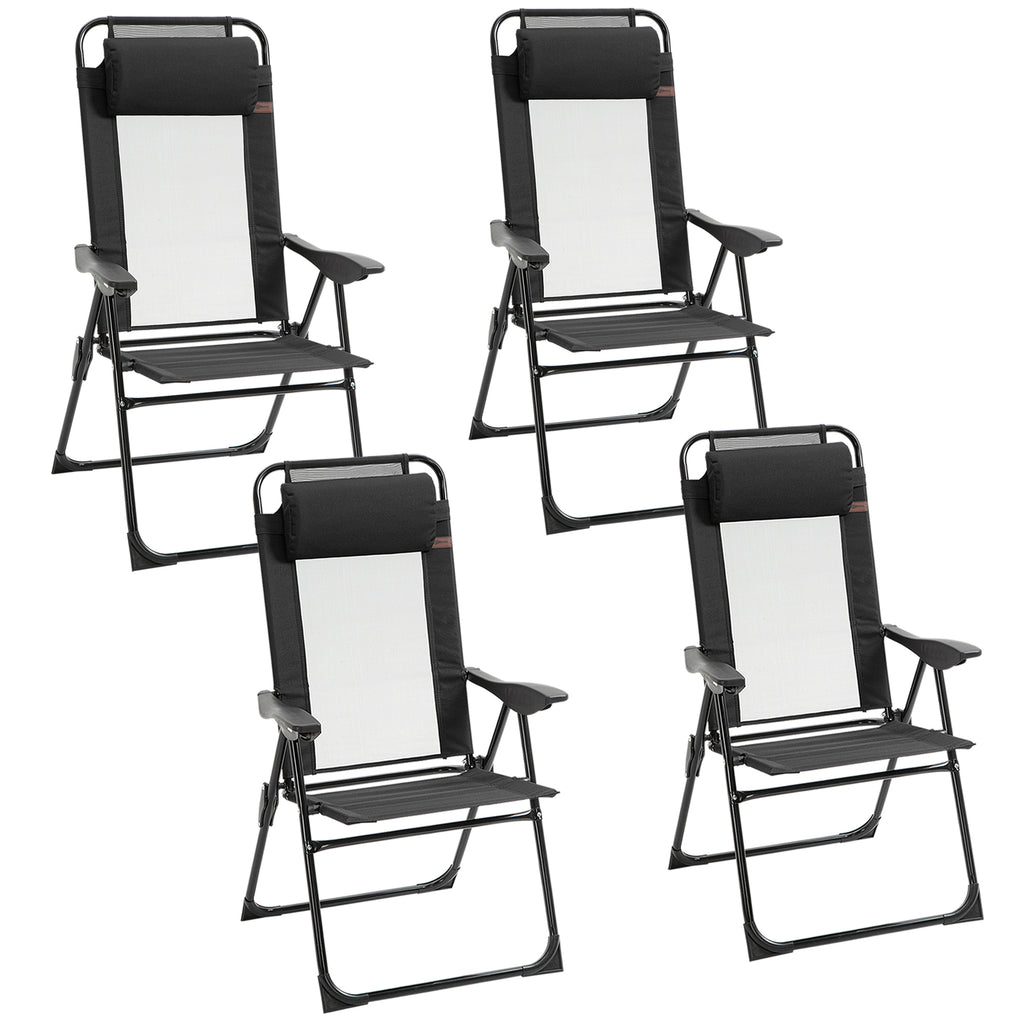 Set of 4 Camping Chairs, Outdoor Folding Lounge Chair Set with 5 Level Adjustable Backrest, Removable Headrest, Armrest for Camping, Backyard, Black