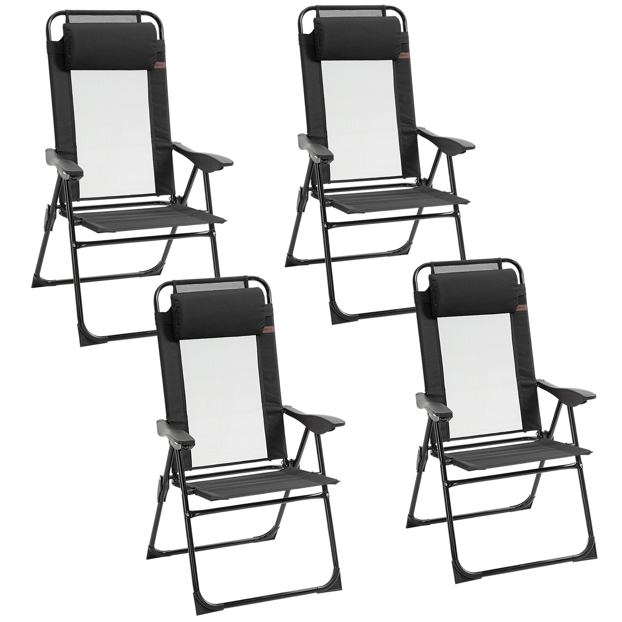 Set of 4 Camping Chairs, Outdoor Folding Lounge Chair Set with 5 Level Adjustable Backrest, Removable Headrest, Armrest for Camping, Backyard, Black