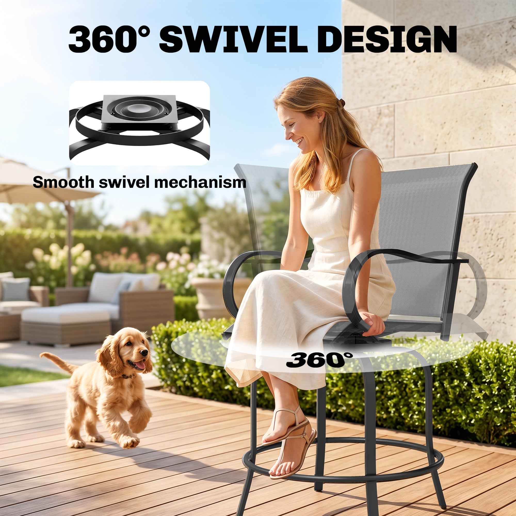 Outdoor Bar Stools Set of 2, 360Â° Swivel Bar Height Chairs, 26.8" x 29.5" x 48.4", Grey
