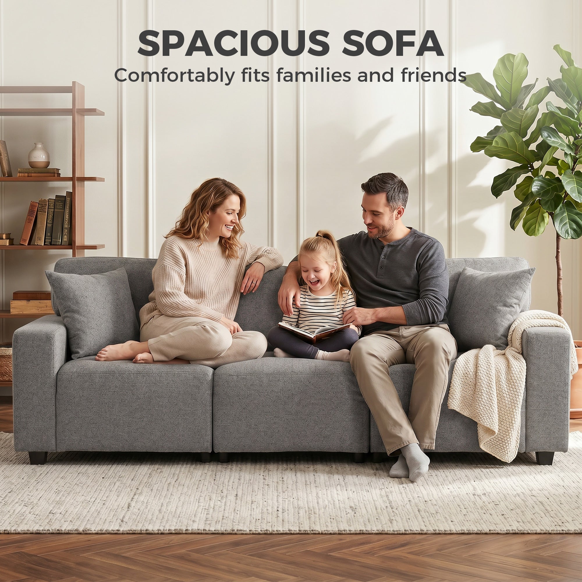 3 Seater Sofa with Storage Pockets, Modern Upholstered Couch with Pocket Springs, Grey