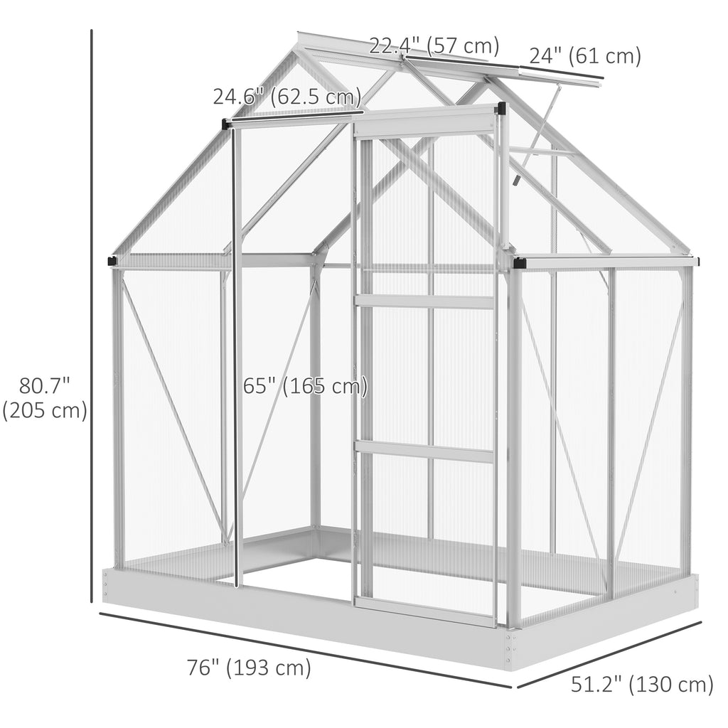 6' x 4' Walk-In Greenhouse, Polycarbonate Greenhouse with Sliding Door, Window, Aluminium Frame, Foundation, Silver