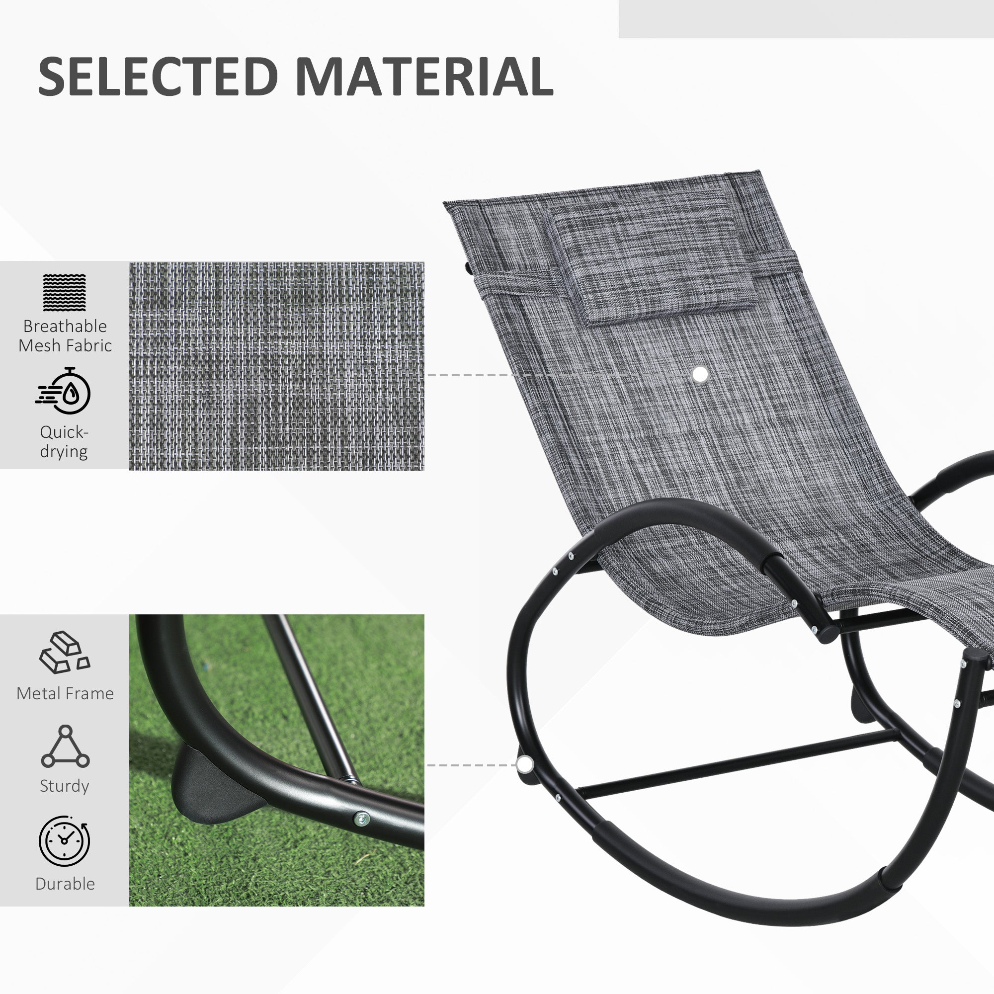 Outdoor Rocking Chair, Patio Zero Gravity Rocker with Mesh Seat and Padded Pillow for Indoor, Garden, Grey