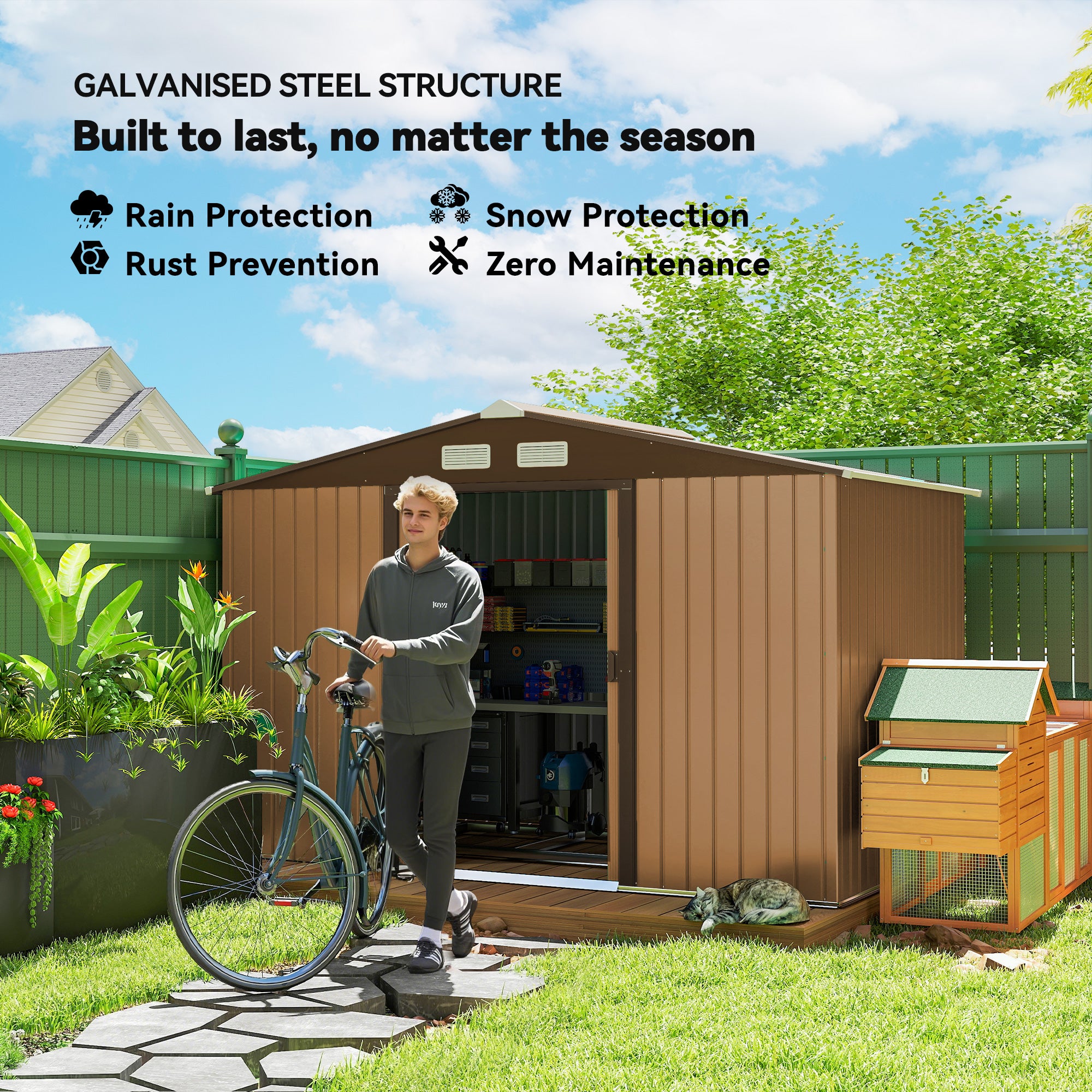 9.1 x 6.4 x 6.3 ft Garden Metal Storage Shed with Floor Foundation, Durable Outdoor Tool Storage House with Double Doors, Weather-Resistant, Dark Grey Yellow