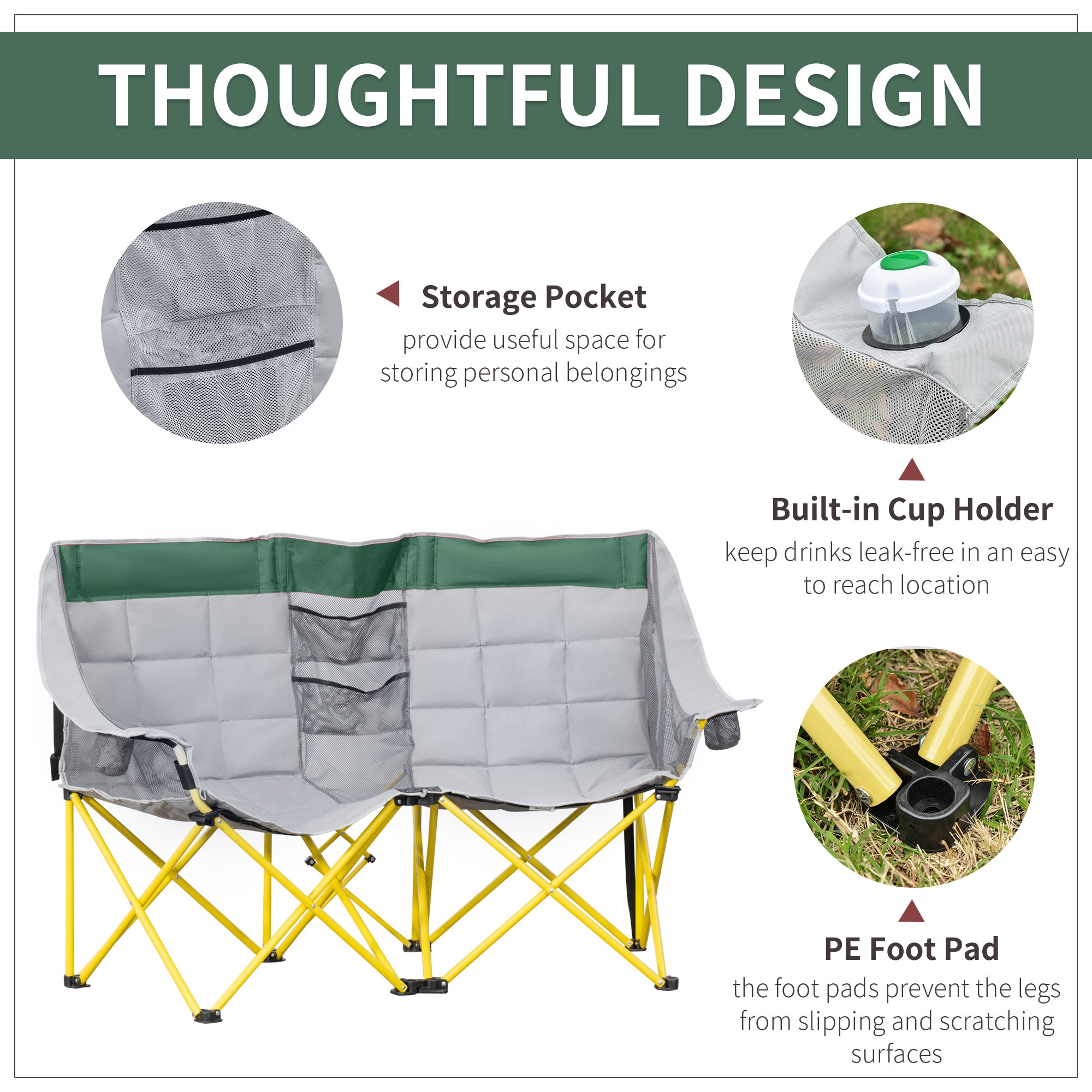 62" W Double Seat Camping Chair Folding Lawn Loveseat w/ Storage Pocket & Cup Holder Compact in a Bag for Outdoor, Beach, Picnic, Hiking, Travel, Green