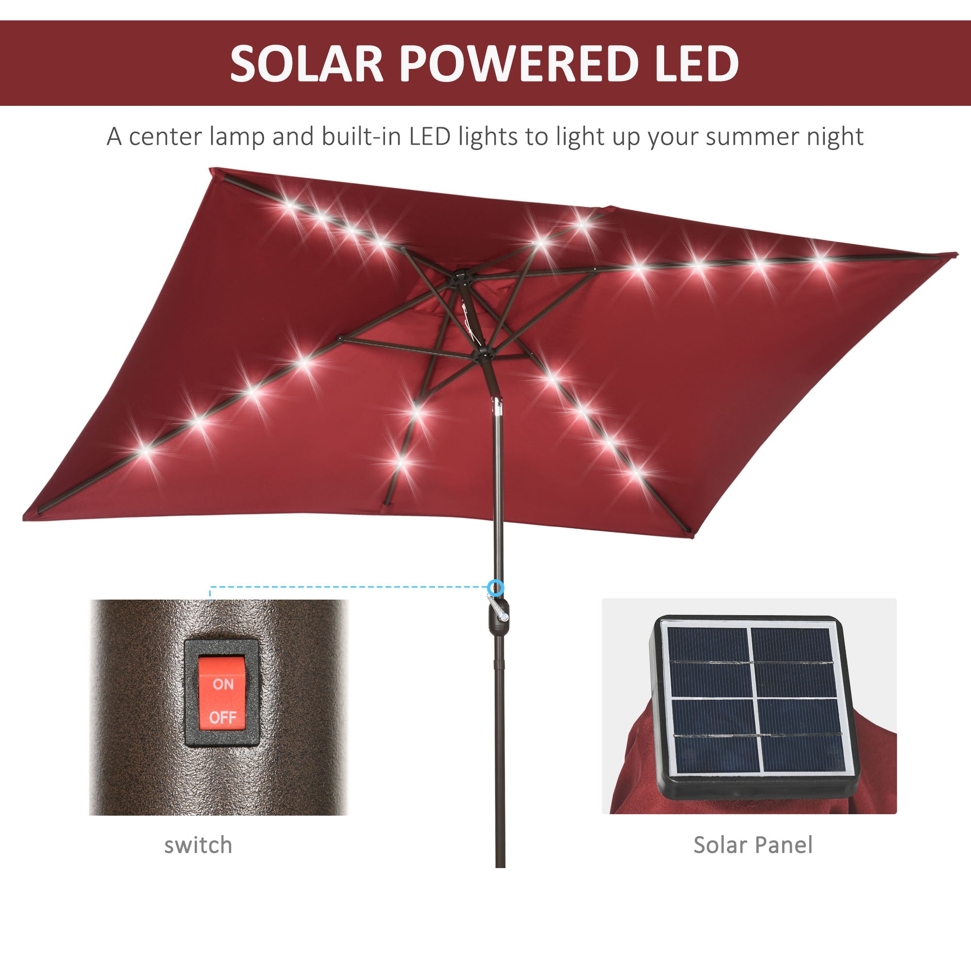 6.5x10ft Patio Umbrella Rectangle Solar Powered Tilt Aluminum Outdoor Market Parasol with LEDs Crank (Wine Red)