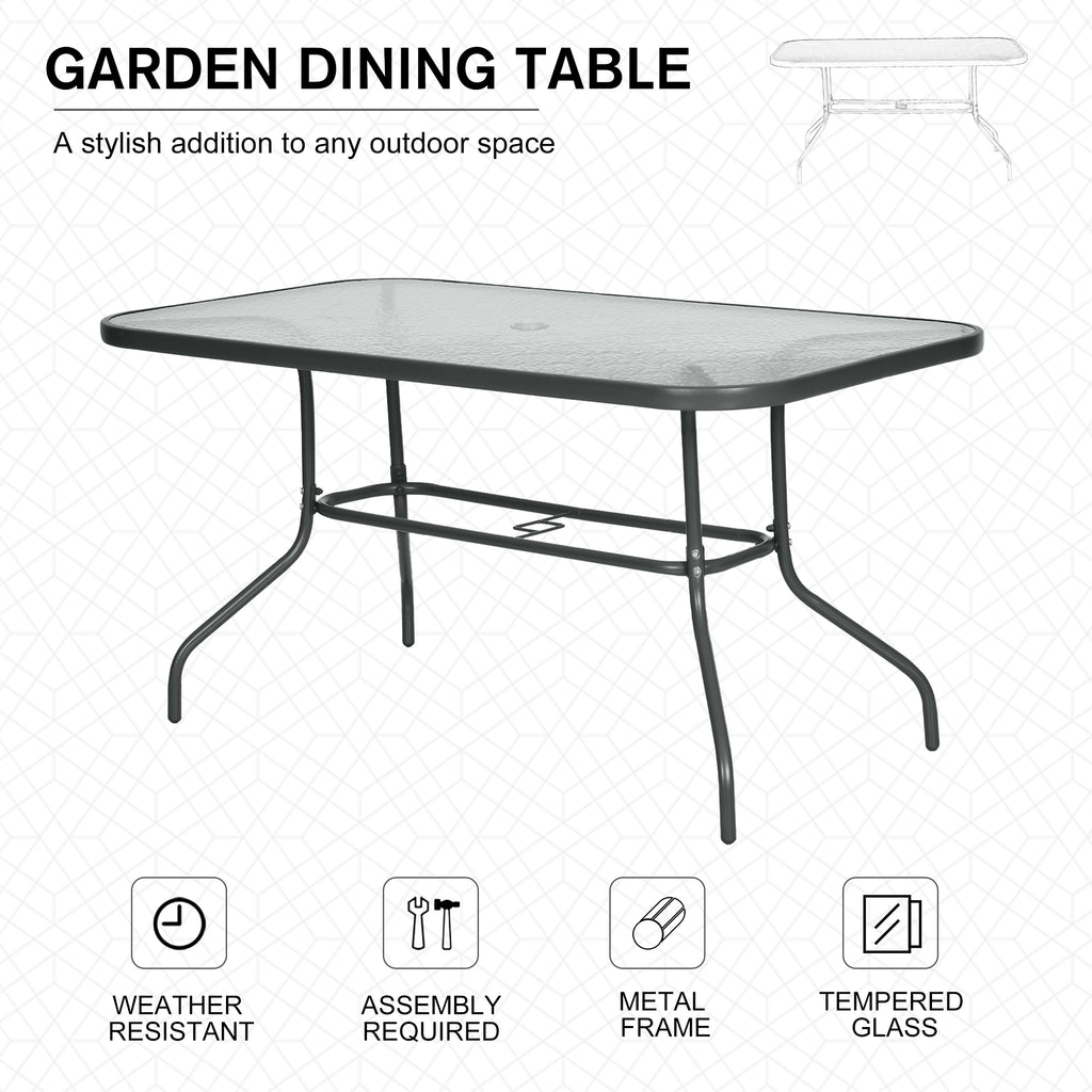 Metal Garden Dining Table with Umbrella Hole, Outdoor Patio Table with Tempered Glass Top, 55" x 31.5"