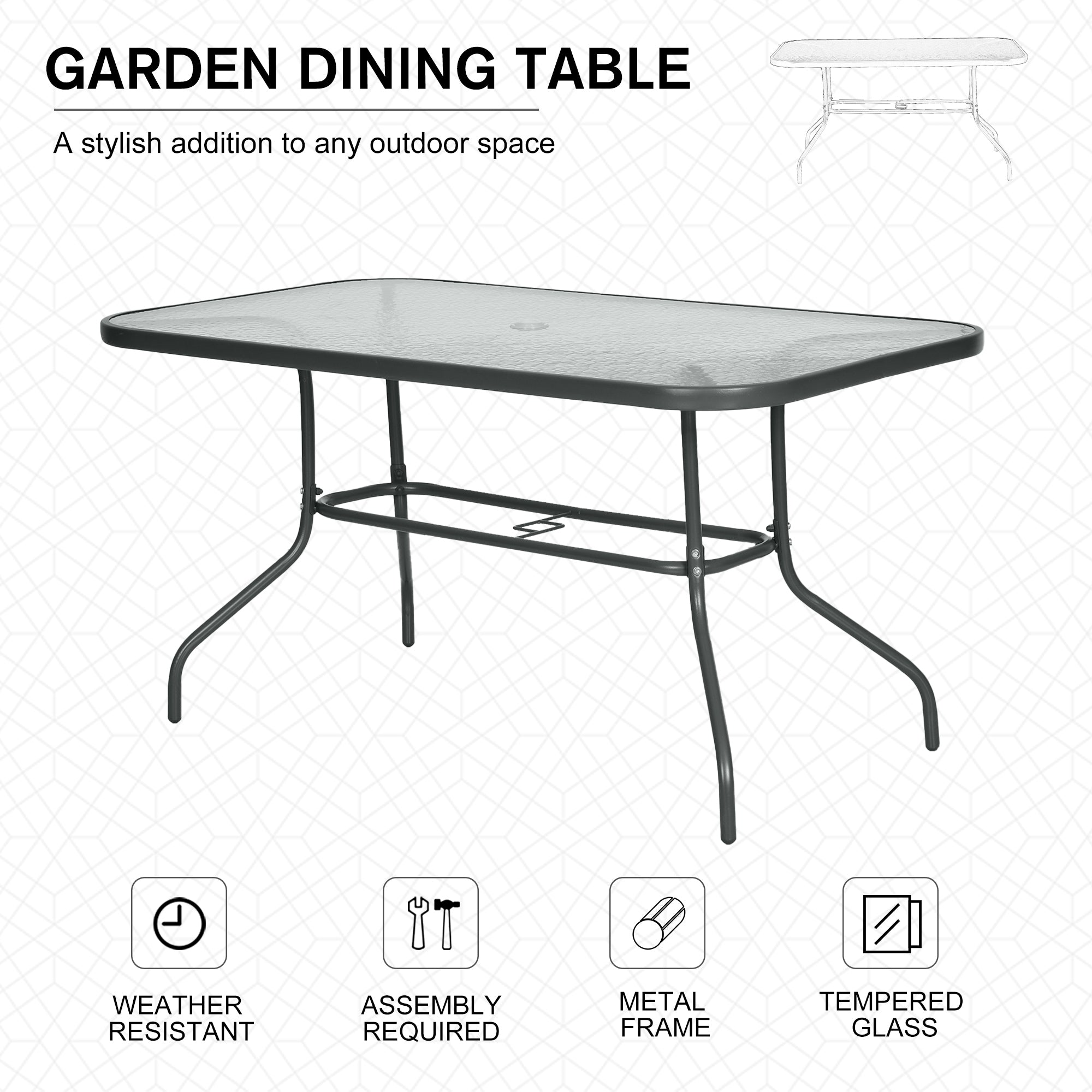 Metal Garden Dining Table with Umbrella Hole, Outdoor Patio Table with Tempered Glass Top, 55" x 31.5"