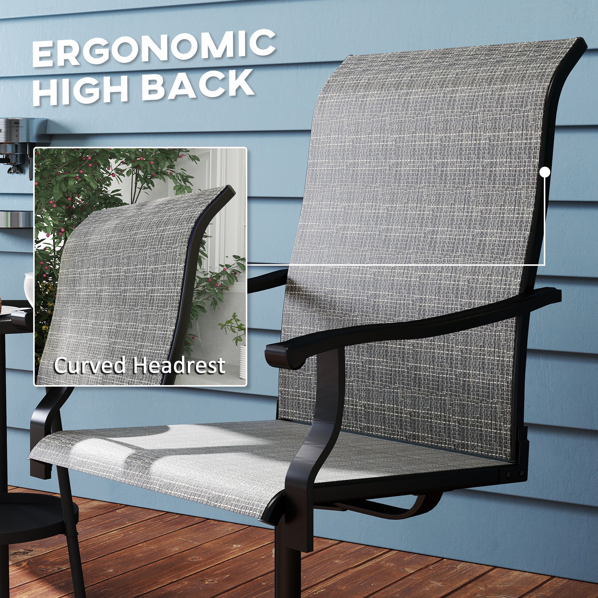 Outdoor Swivel Dining Chairs Set of 2, High Back Swivel Chairs with All Weather Mesh for Deck, Backyard, Poolside, Grey
