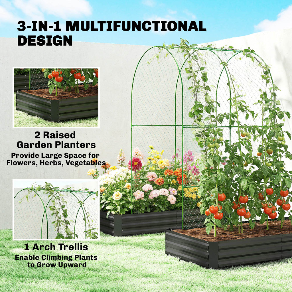 Metal Raised Garden Bed with Trellis, Galvanized Garden Bed Kit Outdoor Garden Box with Trellis, Black