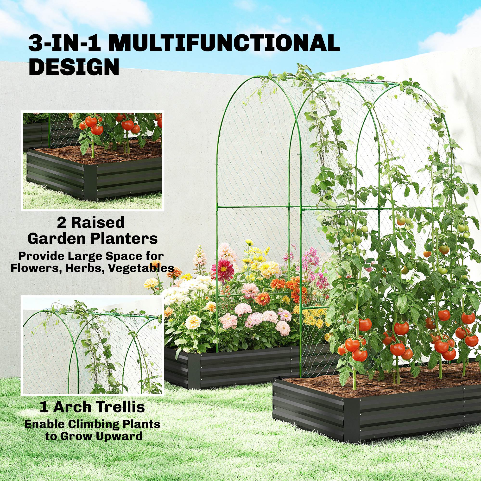 Metal Raised Garden Bed with Trellis, Galvanized Garden Bed Kit Outdoor Garden Box with Trellis, Black