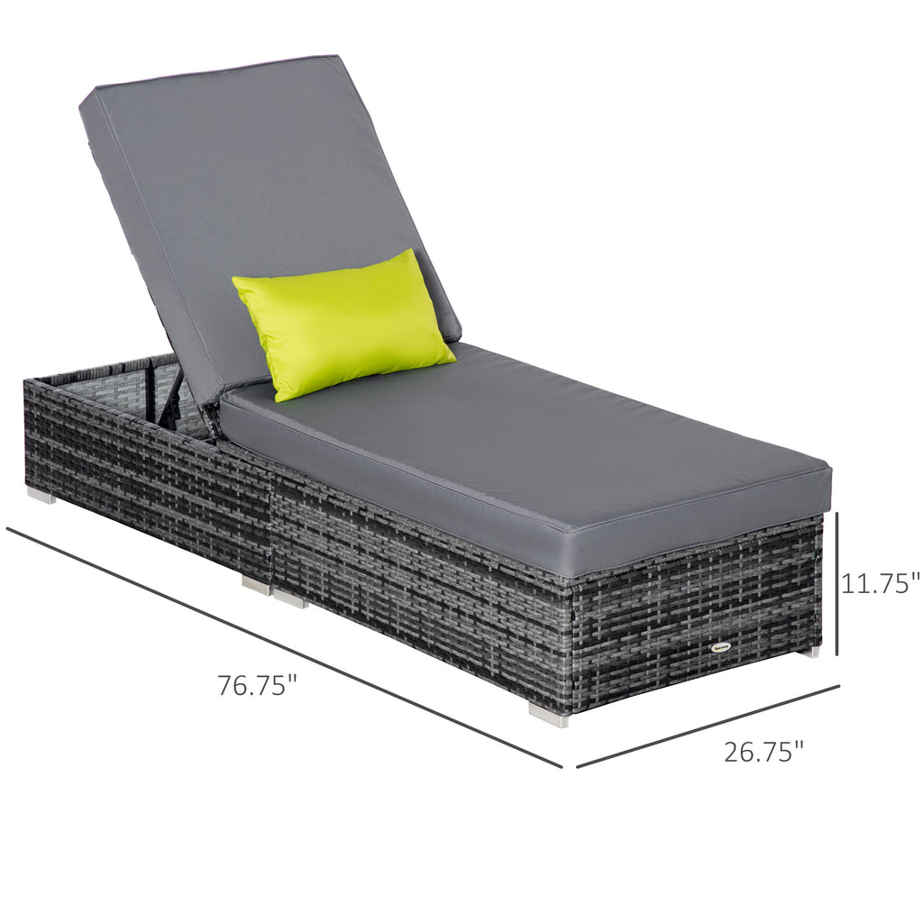 Patio Wicker Lounger, Outdoor PE Rattan Single Chaise Lounge w/Adjustable Recliner Backrest, Cushion, & Pillow, Grey