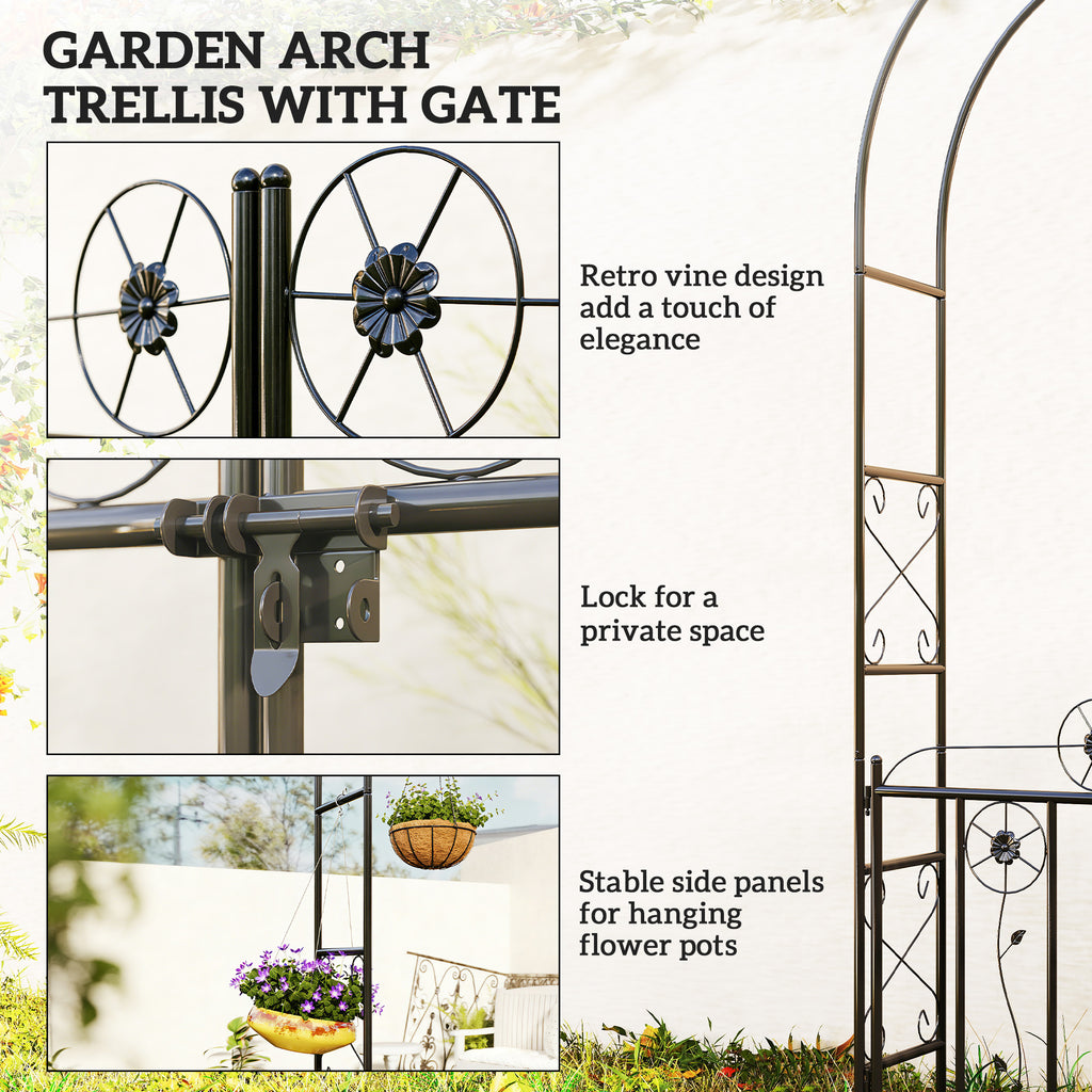 7.4 ft Garden Arch, Outdoor Trellis Arbor with Gate for Climbing Plants, Wedding Arch, Black