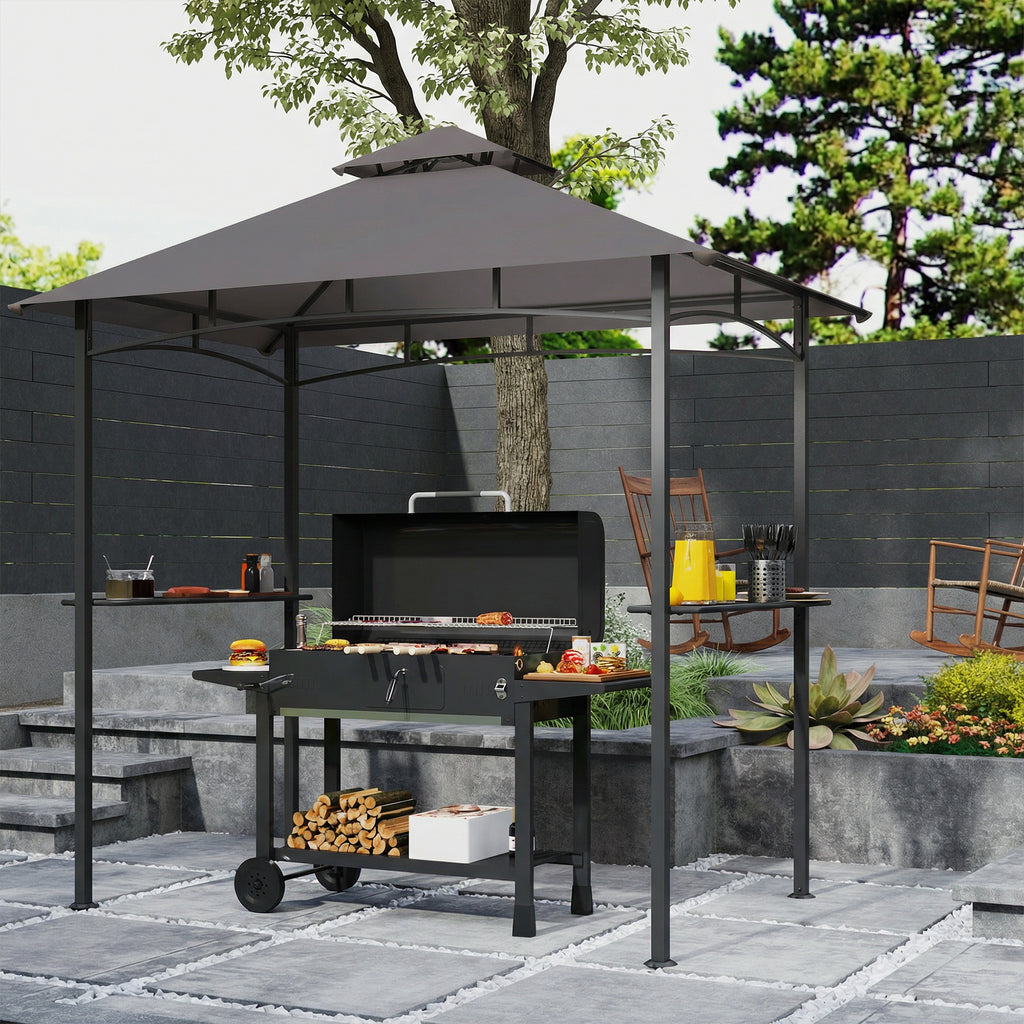 8' x 5' BBQ Grill Gazebo Tent with Double Tiered Canopy for Outdoor Sun Shade, Dark Grey