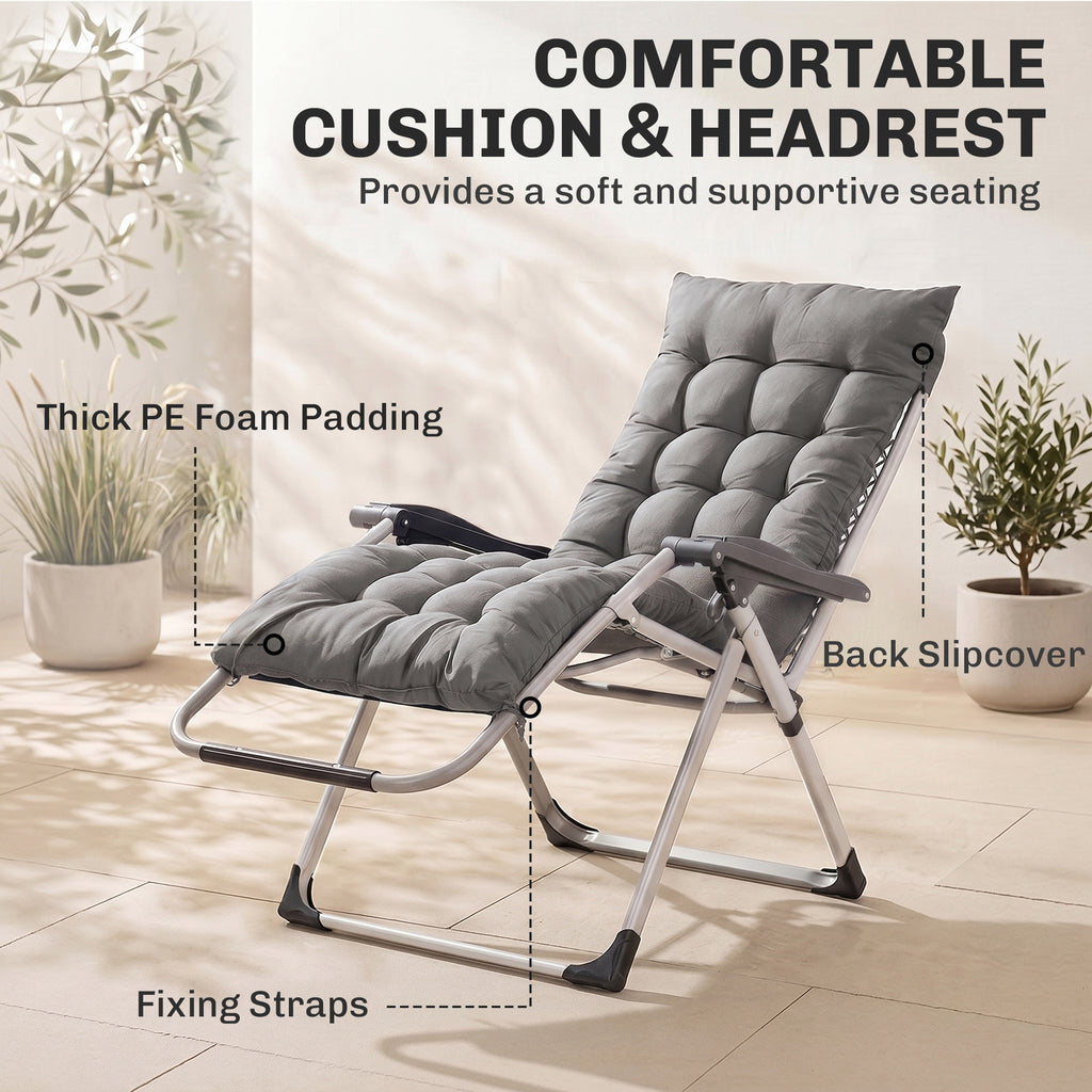 Reclining Zero Gravity Chair with Adjustable Backrest, Folding Garden Sun Lounger, Outdoor Recliner with Removable Cushion and Headrest, Dark Grey