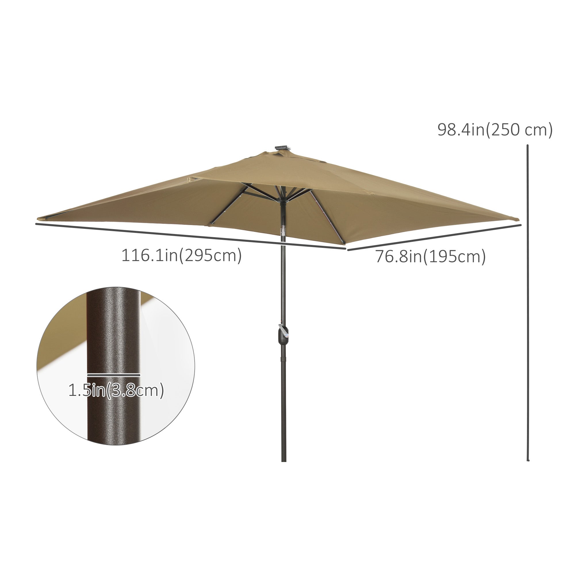 6.5x10ft Patio Umbrella Rectangle Solar Powered Tilt Aluminum Outdoor Market Parasol with LEDs Crank (Light Coffee)