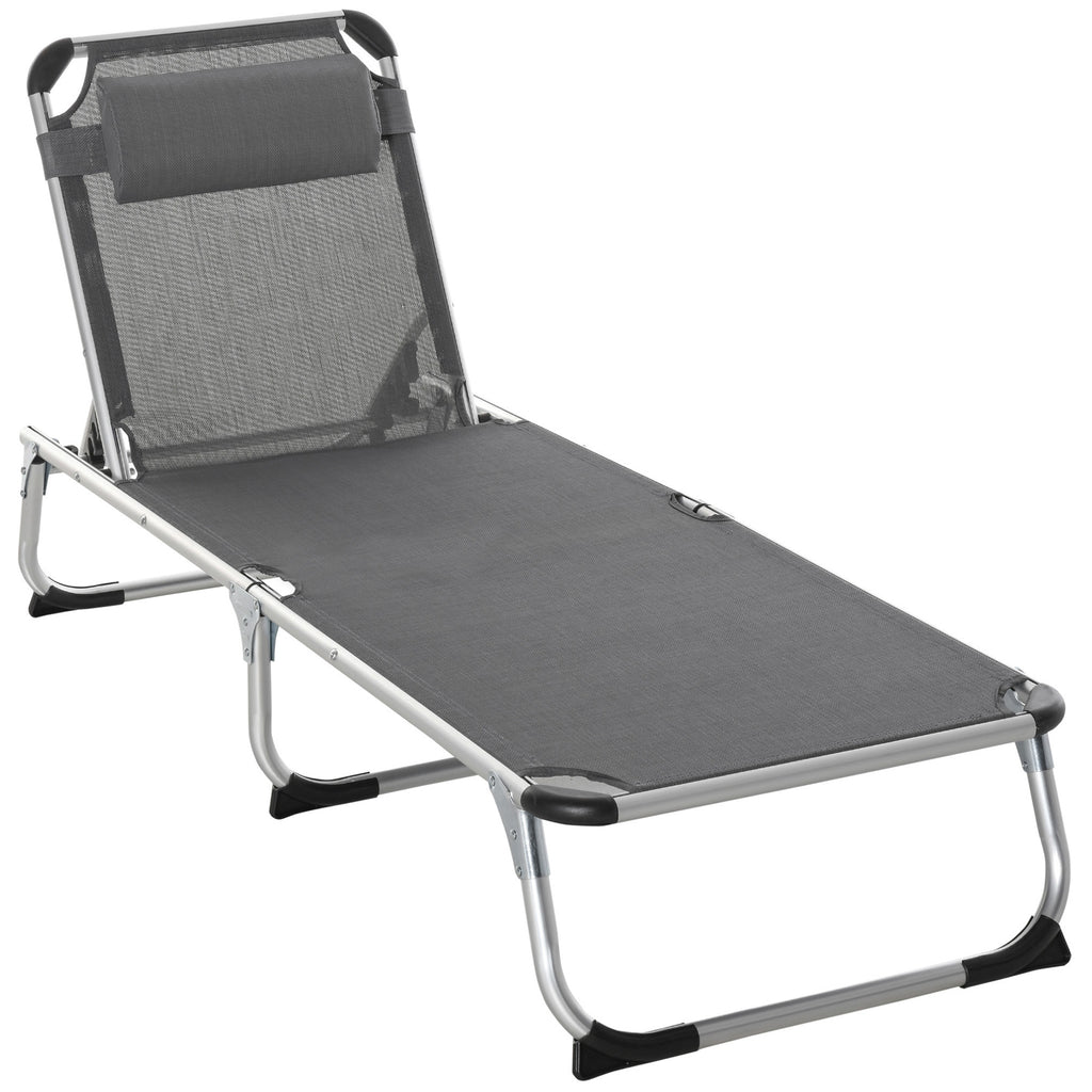 Folding Lounge Chair, Aluminum Frame Tanning Chair, Patio Lounger with Headrest, 5-Level Adjustable Backrest, Grey