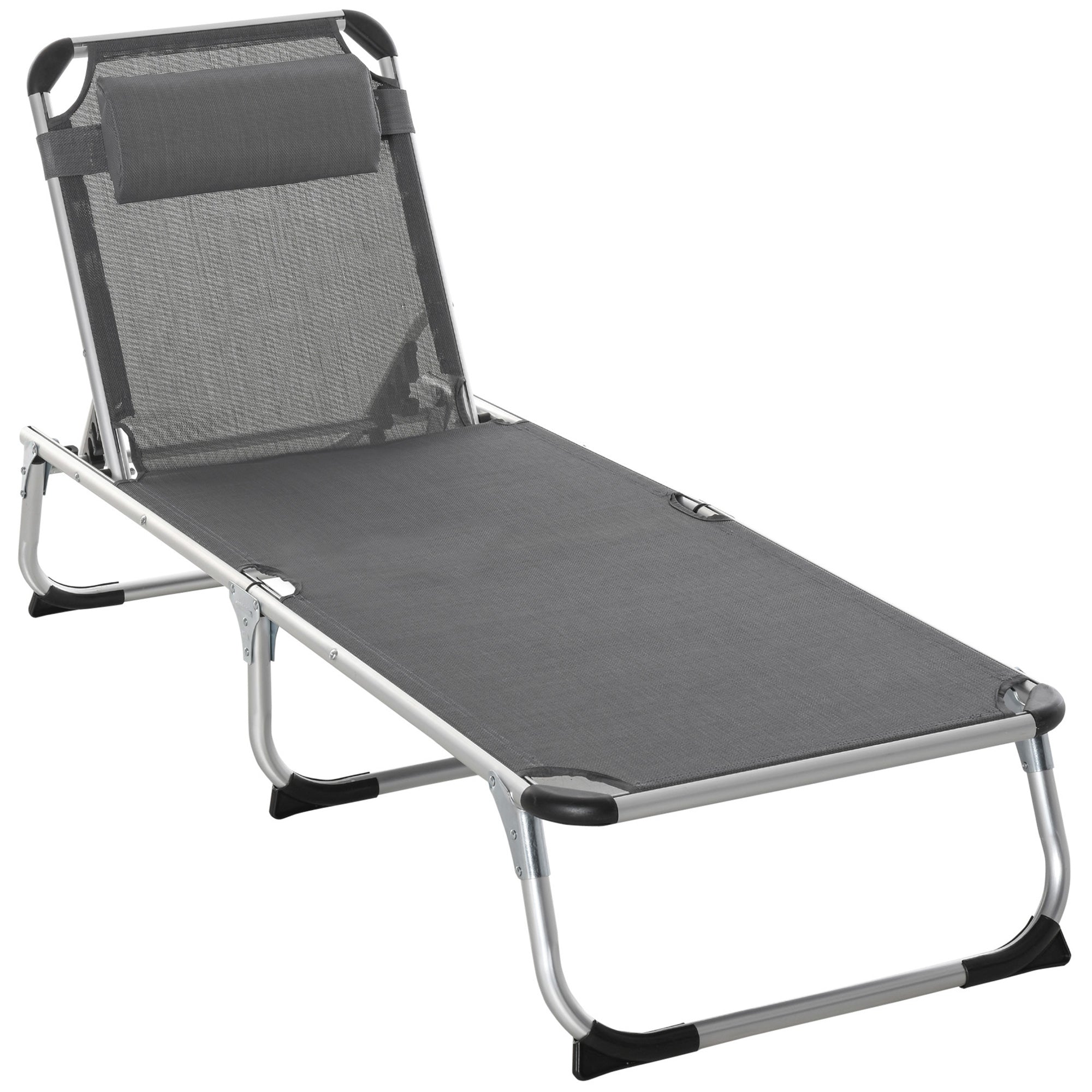 Folding Lounge Chair, Aluminum Frame Tanning Chair, Patio Lounger with Headrest, 5-Level Adjustable Backrest, Grey