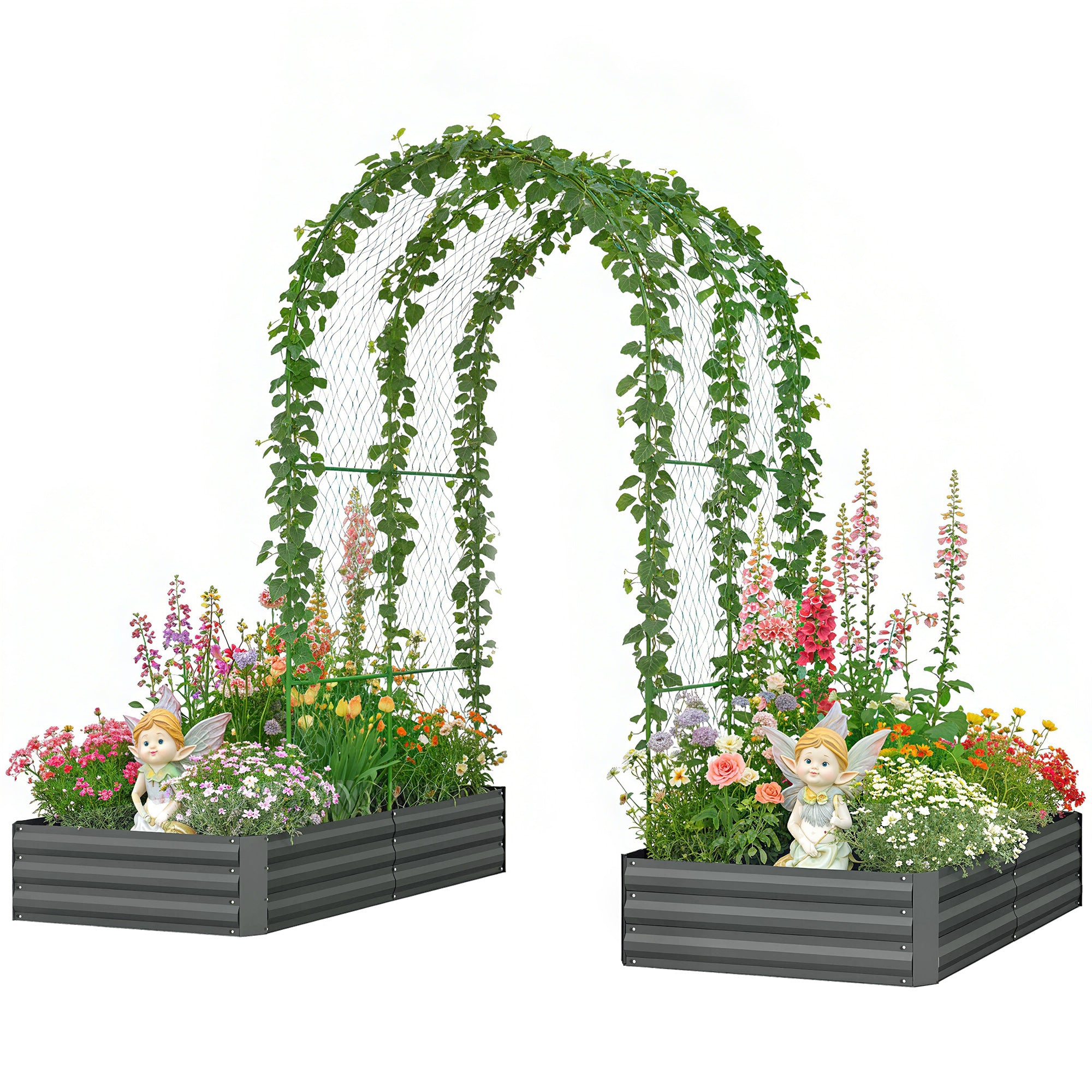 Metal Raised Garden Bed with Trellis, Galvanized Garden Bed Kit Outdoor Garden Box with Trellis, Dark Grey