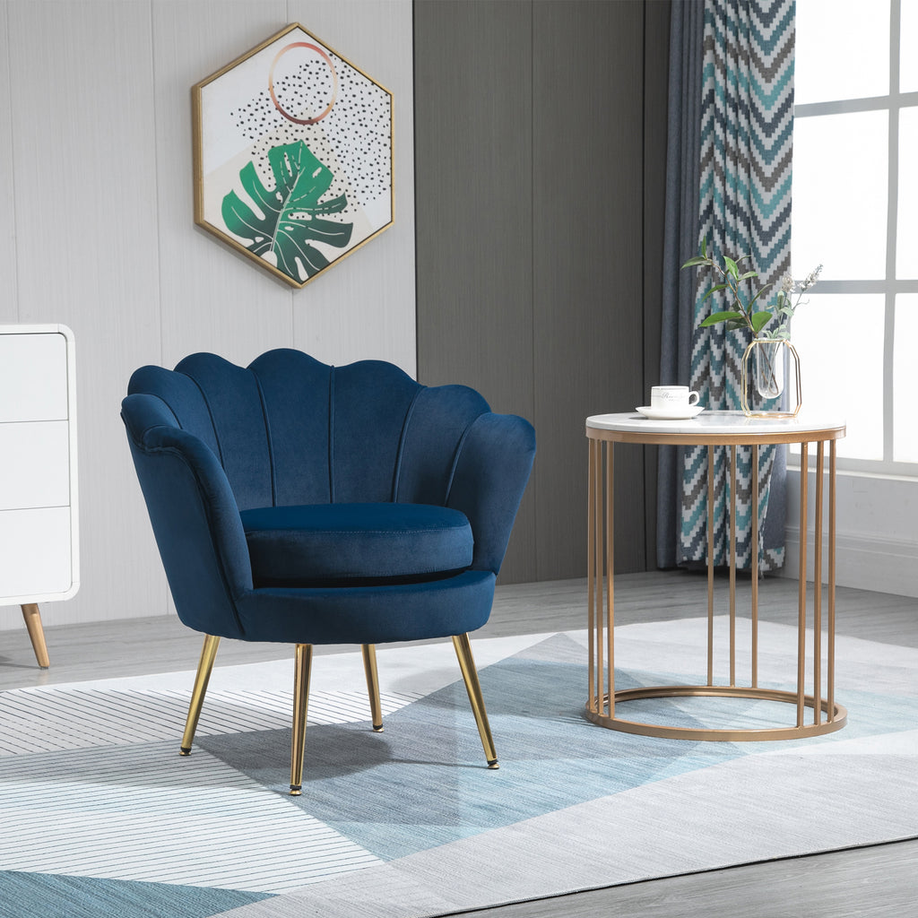 Modern Accent Chair, Velvet-Touch Fabric Leisure Club Chair with Gold Metal Legs for Bedroom, Blue