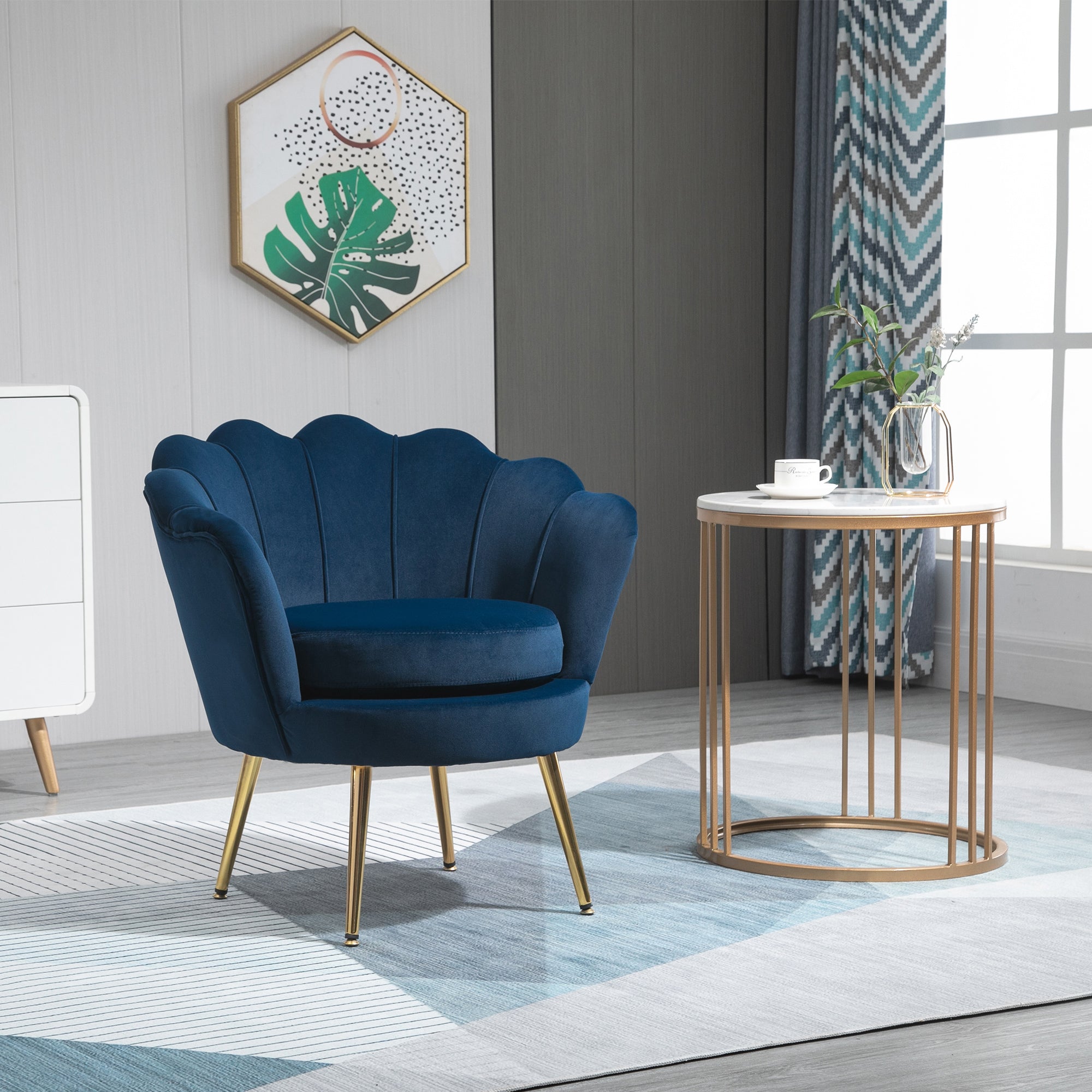 Modern Accent Chair, Velvet-Touch Fabric Leisure Club Chair with Gold Metal Legs for Bedroom, Blue