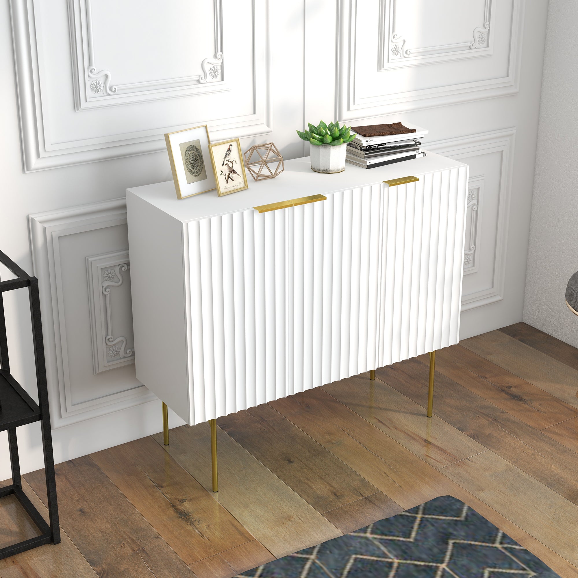 Modern Storage Cabinet Sideboard Buffet Cabinet with Gold Legs for Living Room Dining Room Hallway White