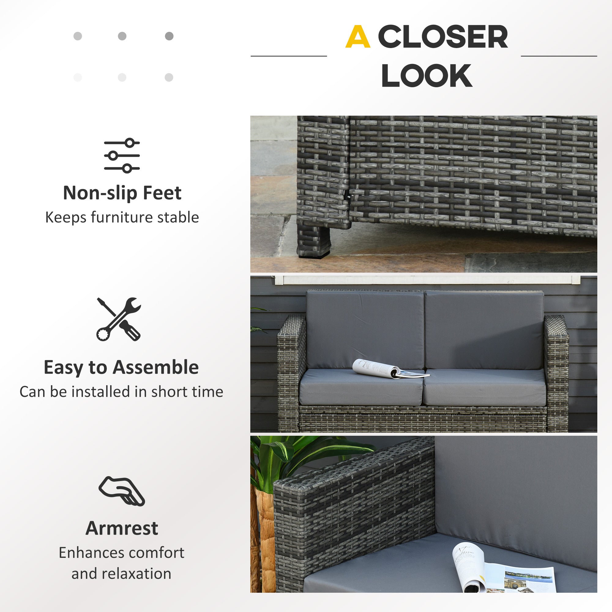 2 Seat Patio Loveseat Deluxe Wicker Sofa Chair Outdoor Rattan Furniture Couch All Weather with Cushion for Balcony, Deck, Garden and Poolside, Grey