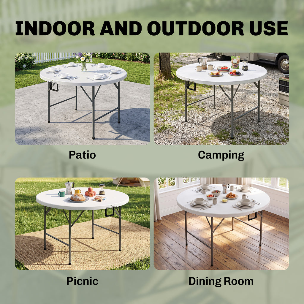 Î¦48" Folding Patio Table, Outdoor HDPE Picnic Table, Card Table for 6, Round Folding Banquet with Metal Frame, White
