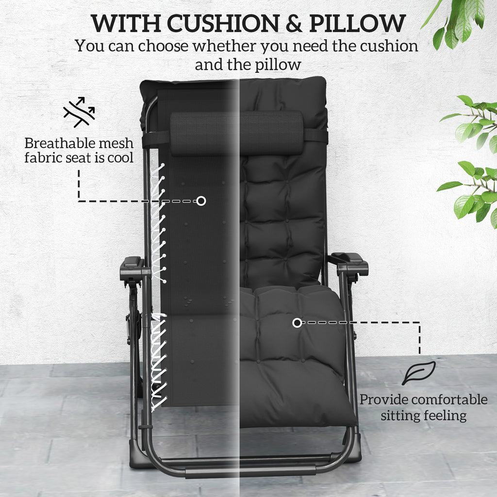Folding Garden Chairs Set of 2, Reclining Zero Gravity Chair, Sun Lounger with Cushion and Headrest, Black
